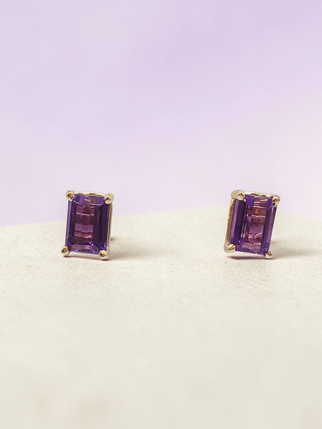 Solid 14K Yellow Gold Emerald Cut Amethyst Stud Earrings