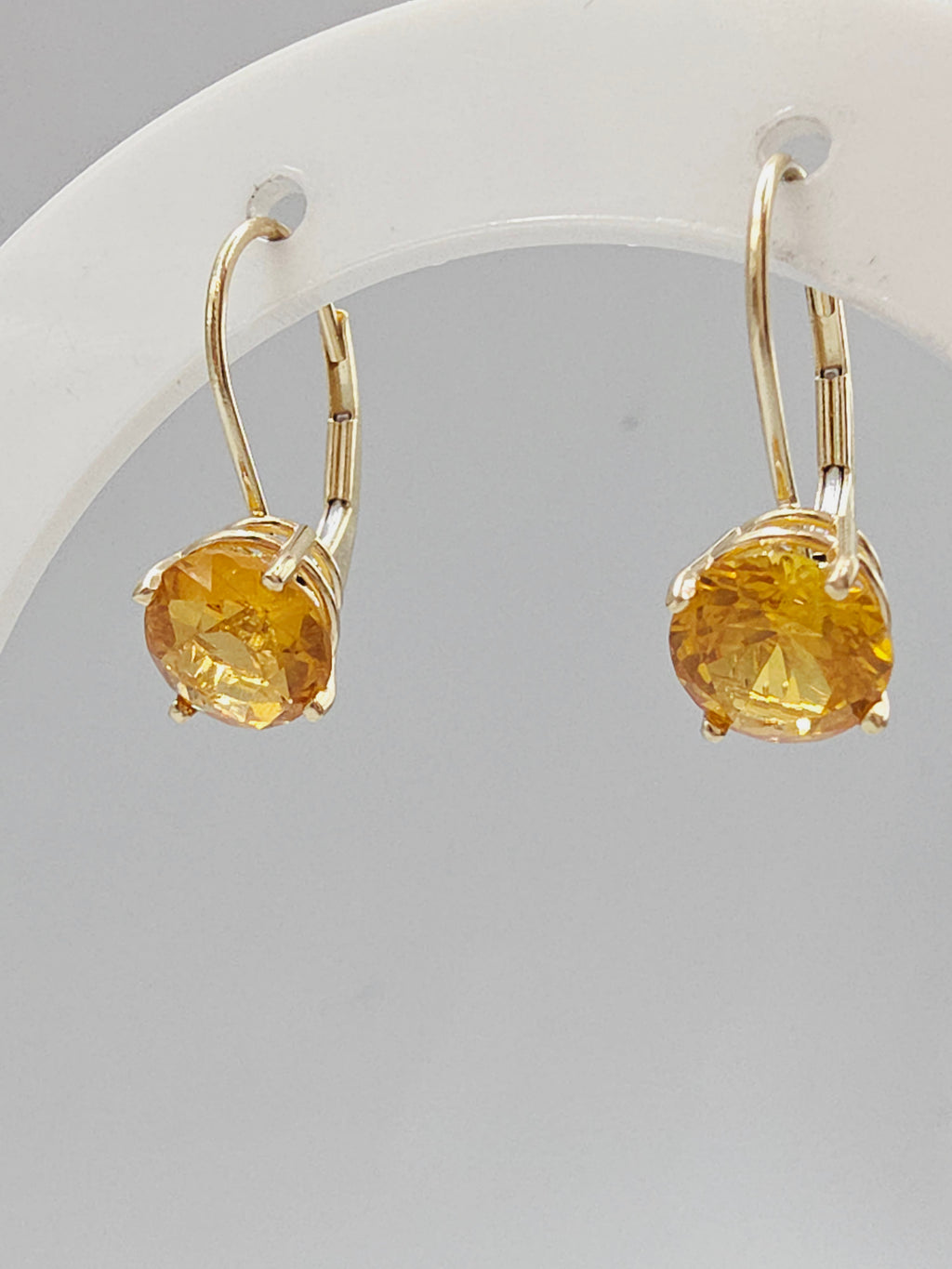 Solid 14K Yellow Gold Round Cut Citrine Leverback Drop Earrings