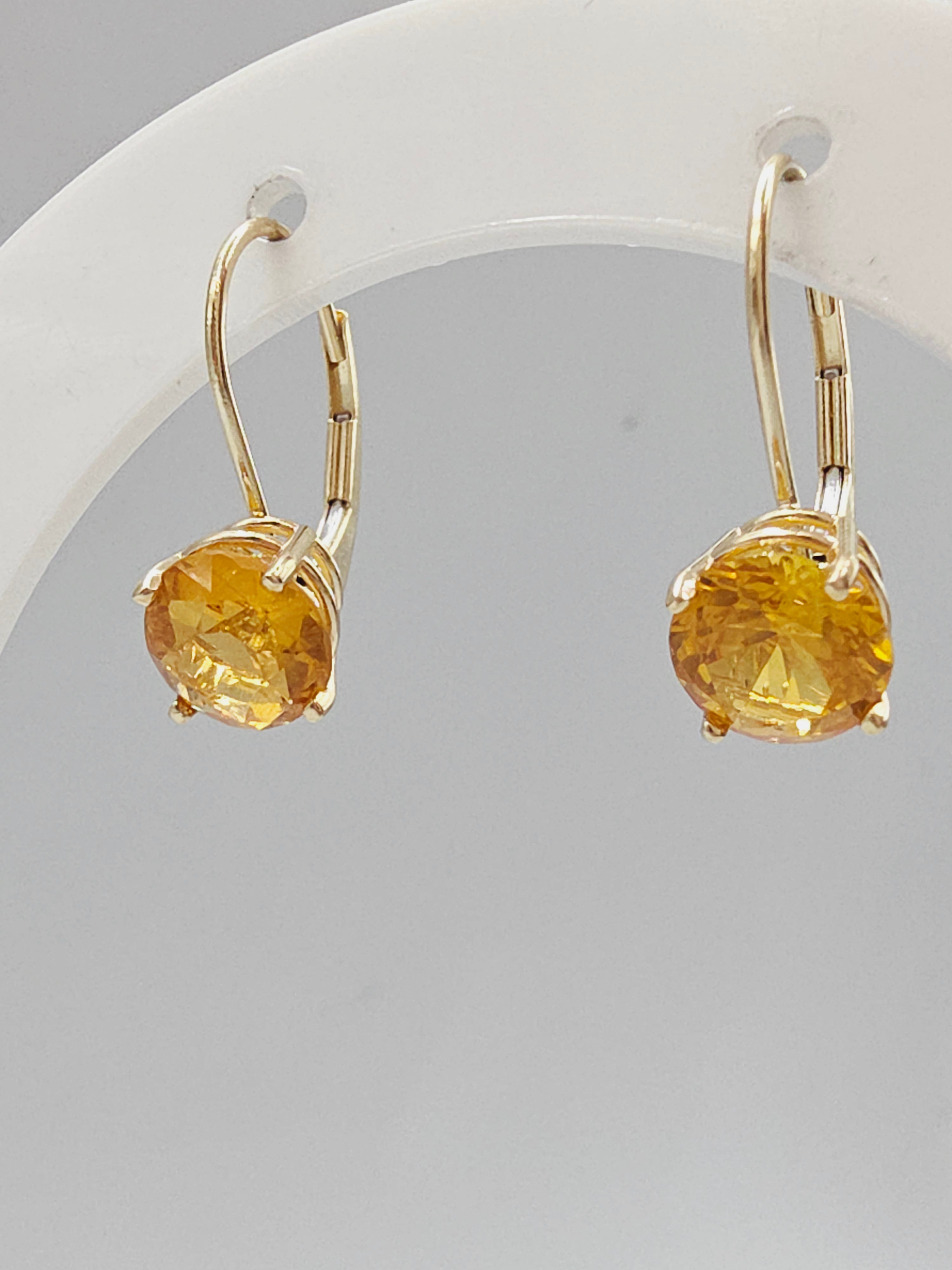 Solid 14K Yellow Gold Round Cut Citrine Leverback Drop Earrings