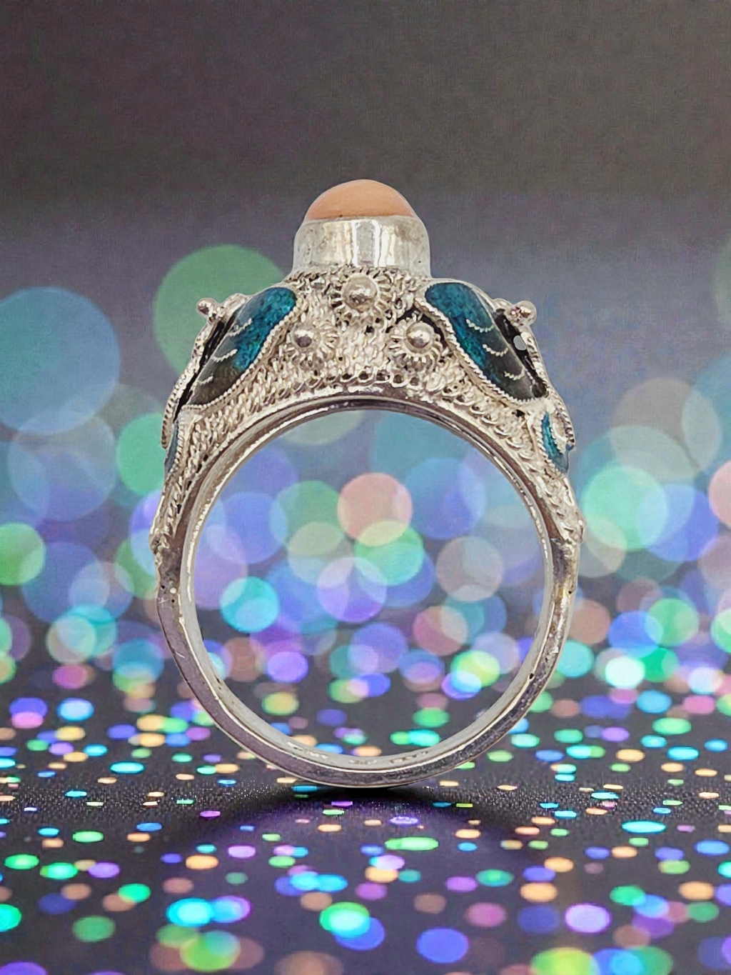 Sterling Silver Salmon Pink Coral Ring with Enamel Butterfly Accents - Size 8