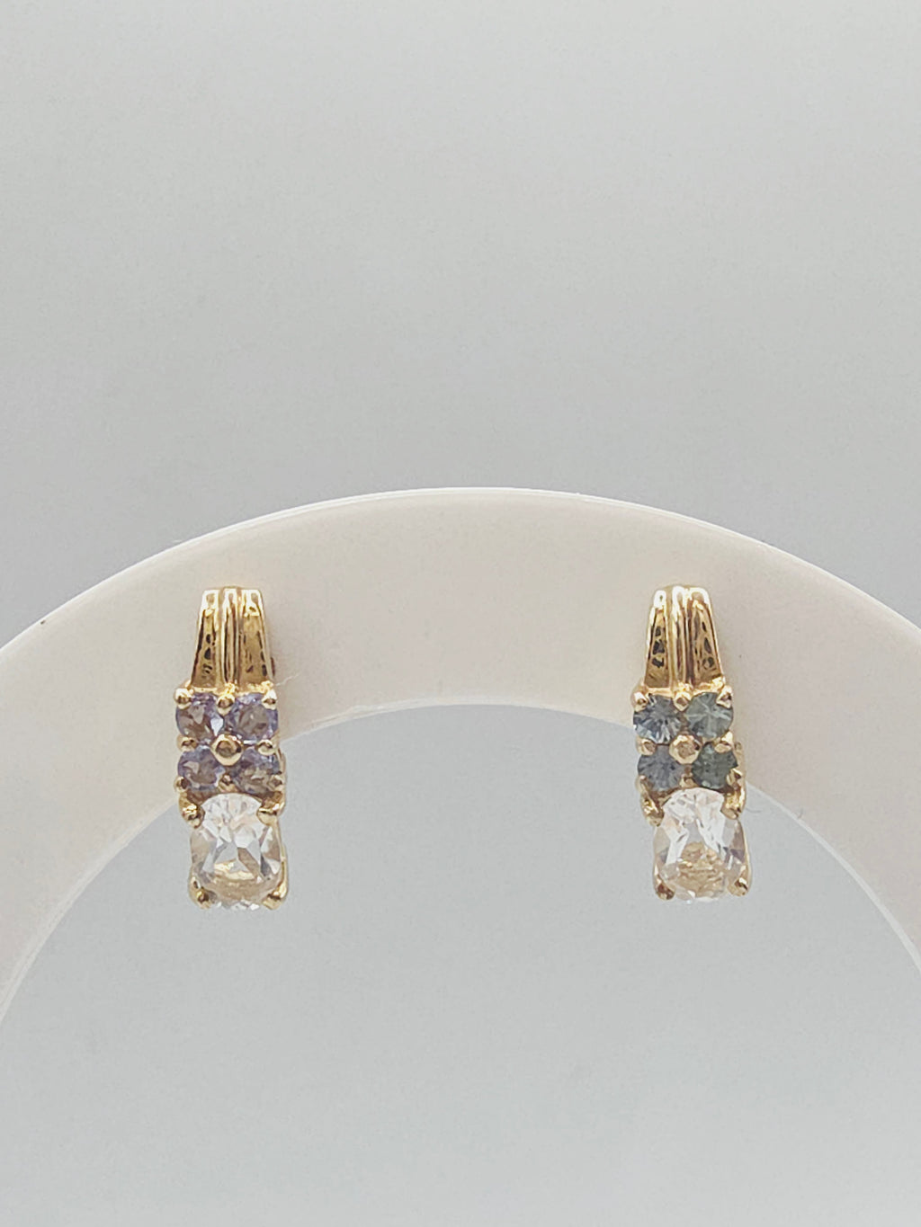 Solid 10K Yellow Gold White Topaz Stud Earrings with Blue & Purple Gemstones