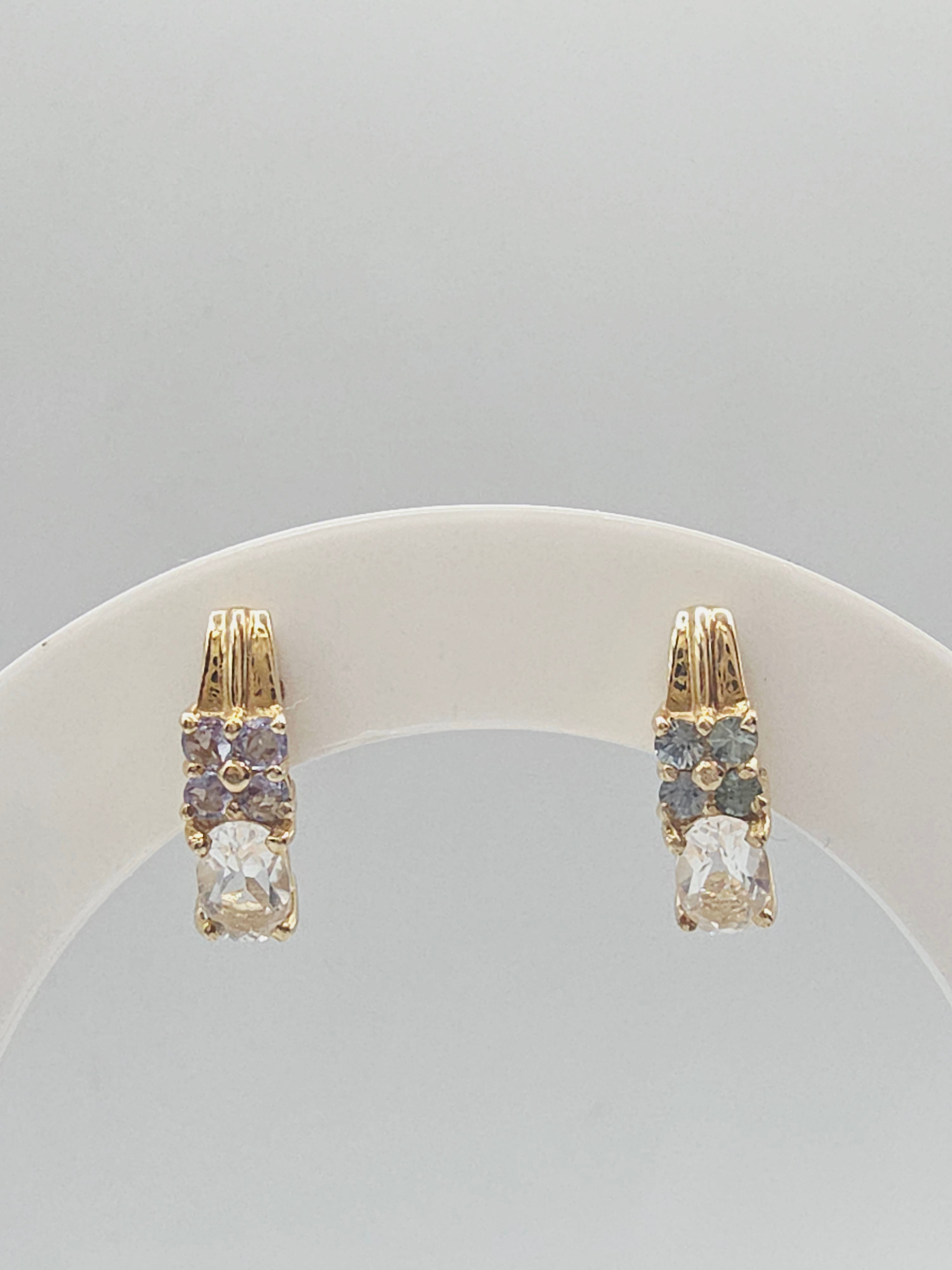 Solid 10K Yellow Gold White Topaz Stud Earrings with Blue & Purple Gemstones