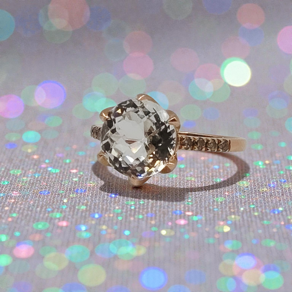 Solid 14K Rose Gold Ring with Lab-Created White Topaz & Diamond Accents - Size 8
