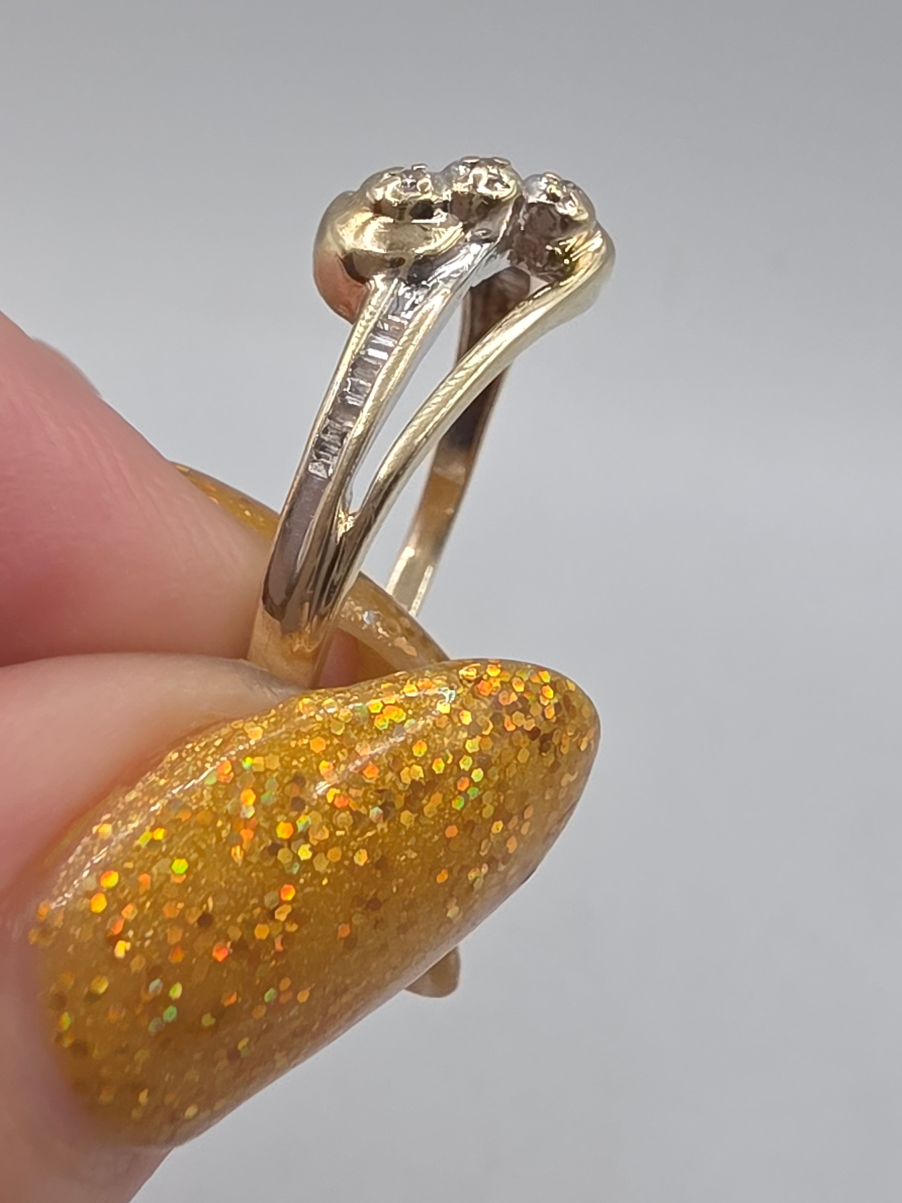 JWBR Solid 10K Yellow Gold Three Stone Baguette Diamond Bypass Ring Size 8.75