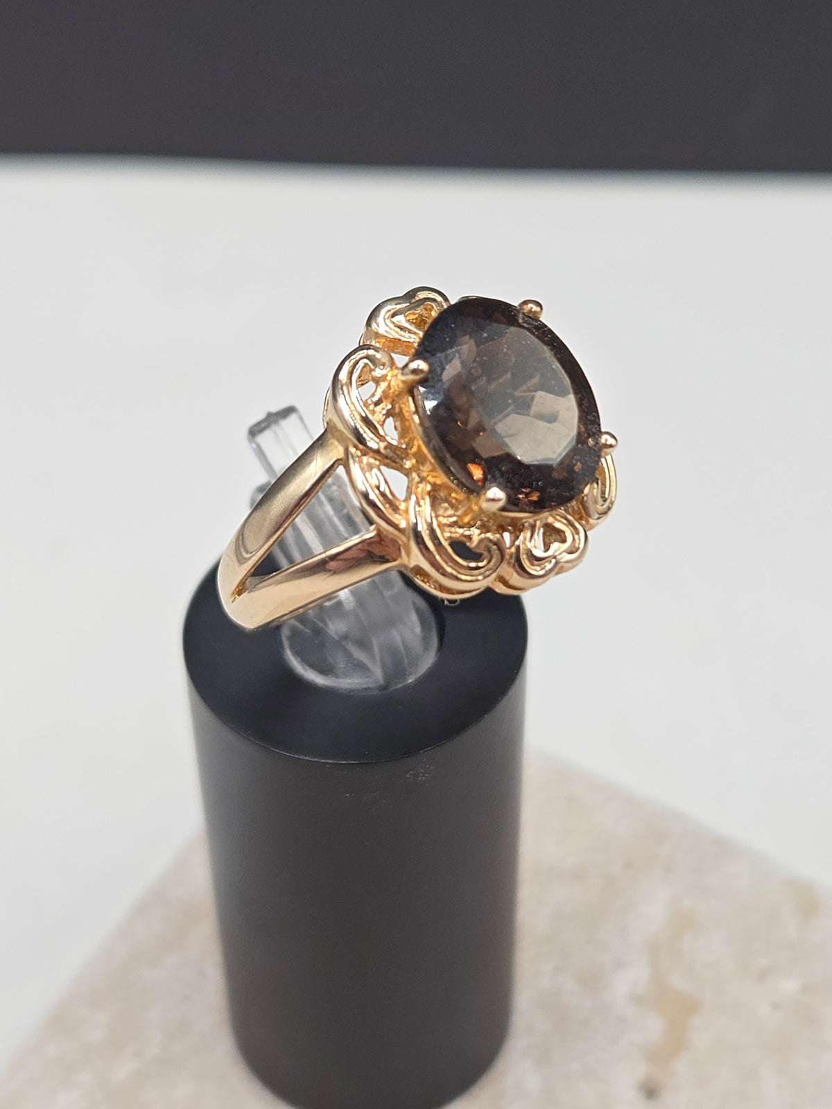925 Sterling Silver 10K Gold Vermeil Smoky Quartz Scroll Cocktail Ring - Size 7