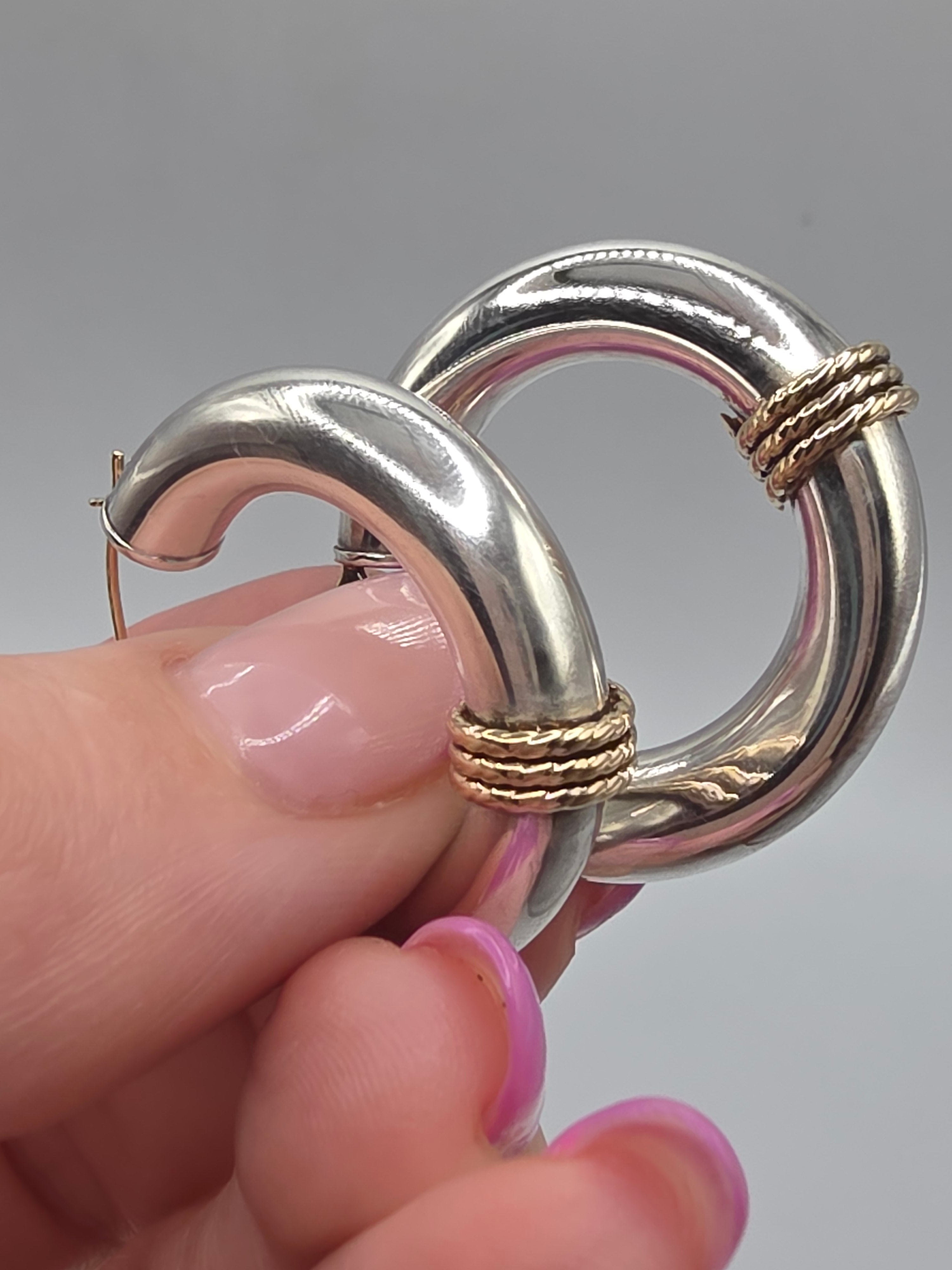 925 Sterling Silver Hoop Earrings with Solid 14K Gold Twisted Rope Accents