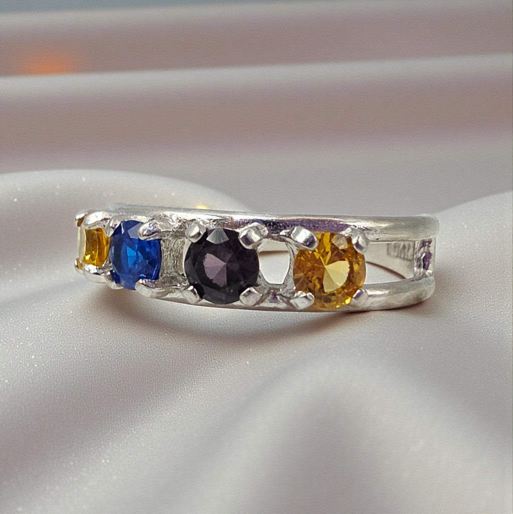 Solid 14K White Gold Ring with Topaz, Sapphire, Spinel & Amethyst – Size 7.5