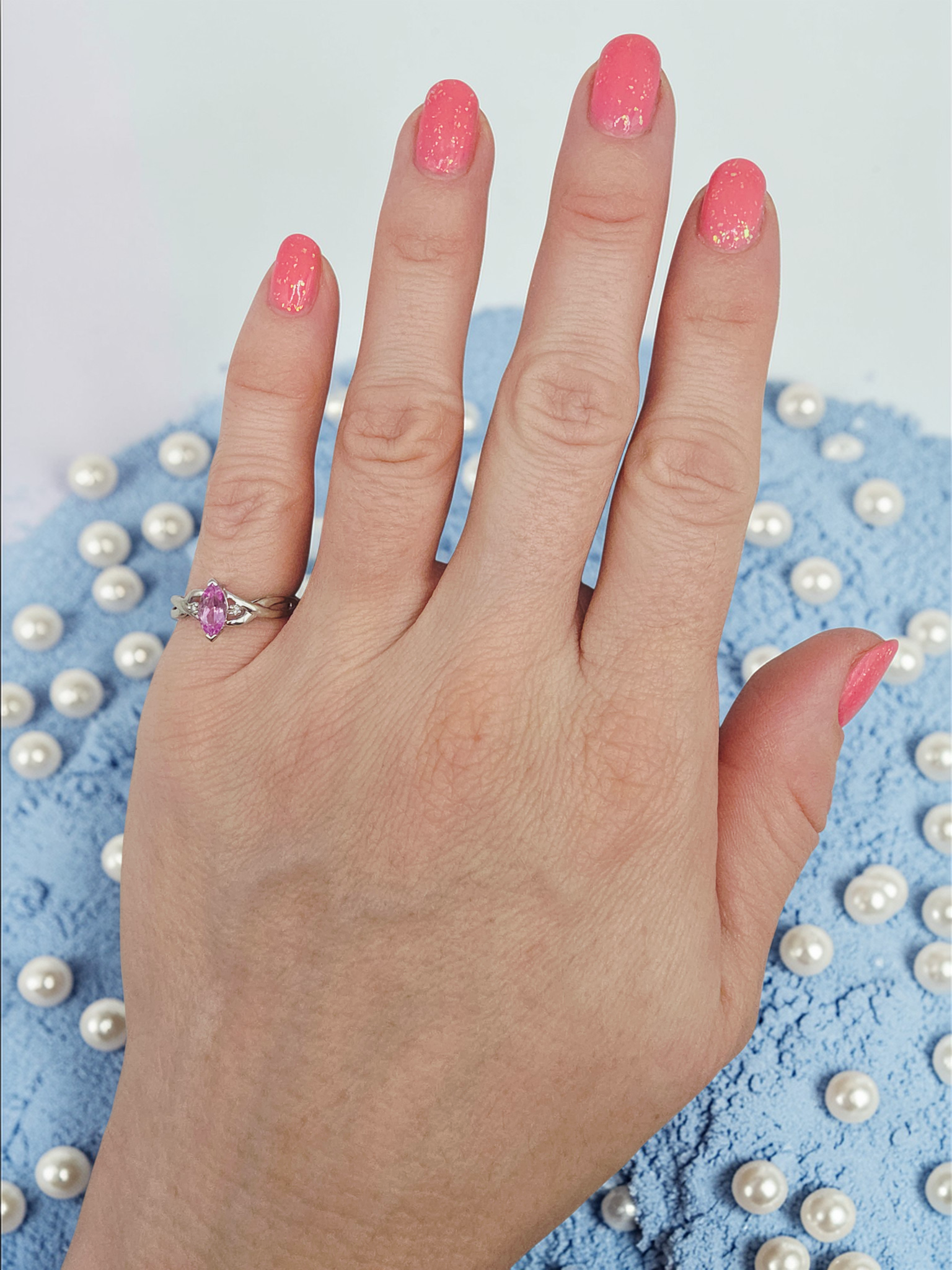 Solid 10K White Gold Ring with Marquise Cut Pink Sapphire - Size 5.75