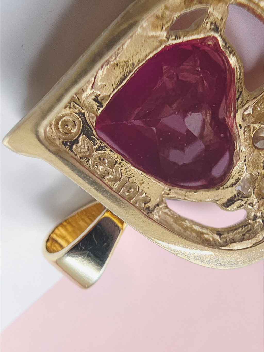 Solid 10K Yellow Gold Ruby Heart Necklace Pendant with CZ Accents