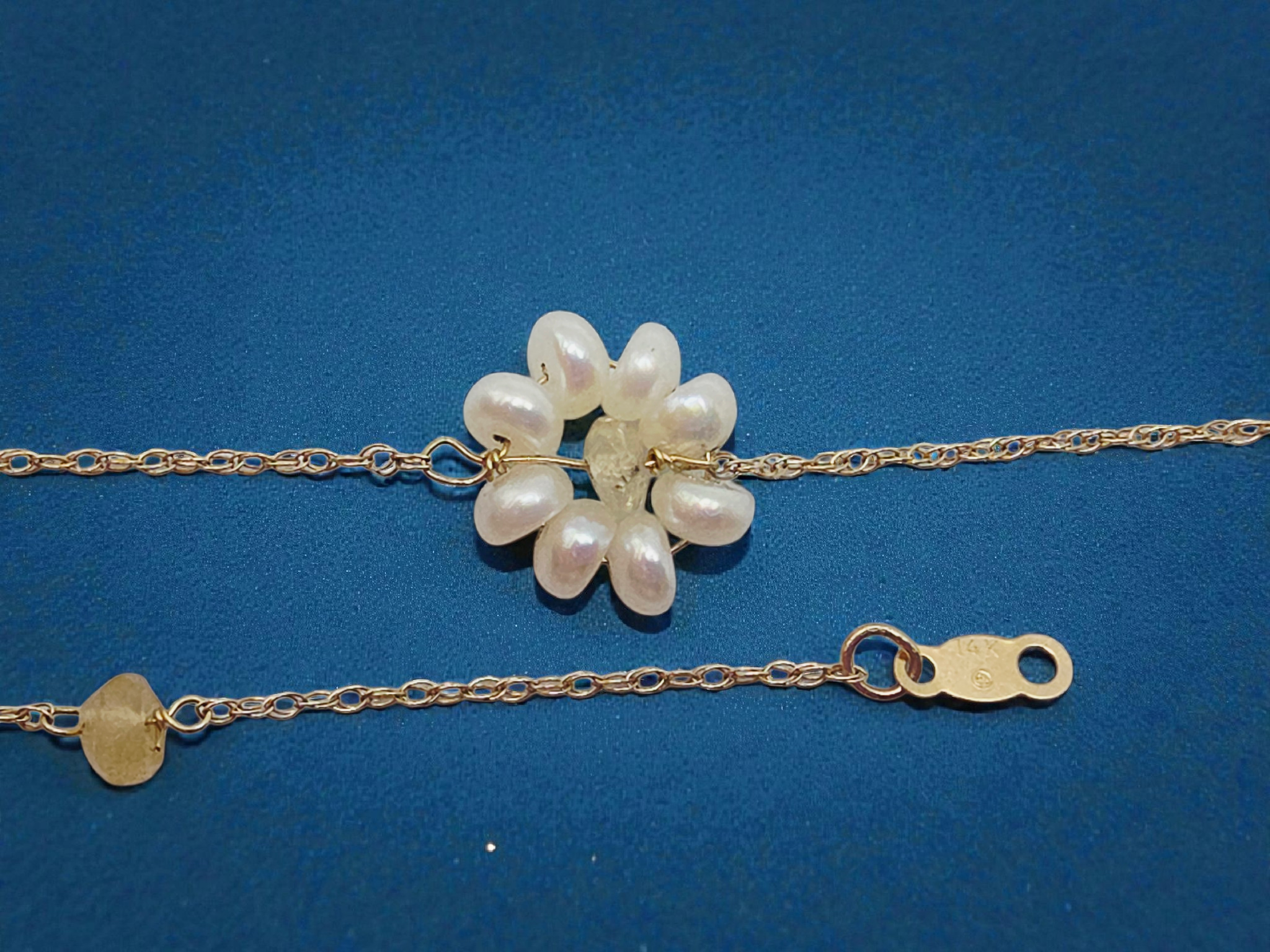 Solid 14K Yellow Gold Chain Necklace with Floral Pearl Accents - 15 Inches