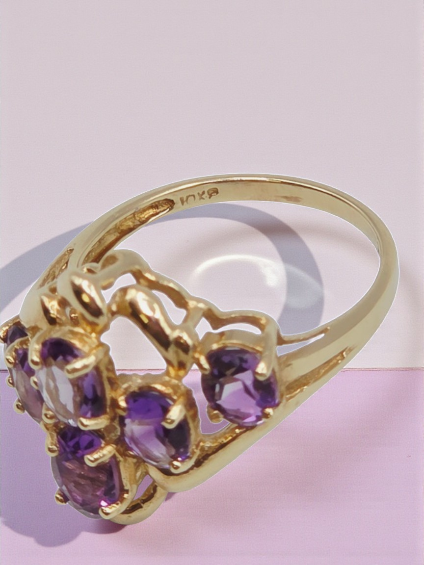 Solid 10K Yellow Gold Ring with Amethyst Cluster- Size 6