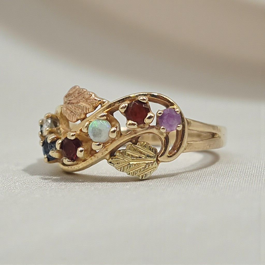 Solid 14K Yellow Gold Ring with Round Cut Opal, Garnet, Blue Topaz, Amethyst, and Diamond Size 8