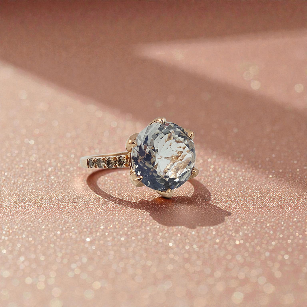 Solid 14K Rose Gold Ring with Lab-Created White Topaz & Diamond Accents - Size 8