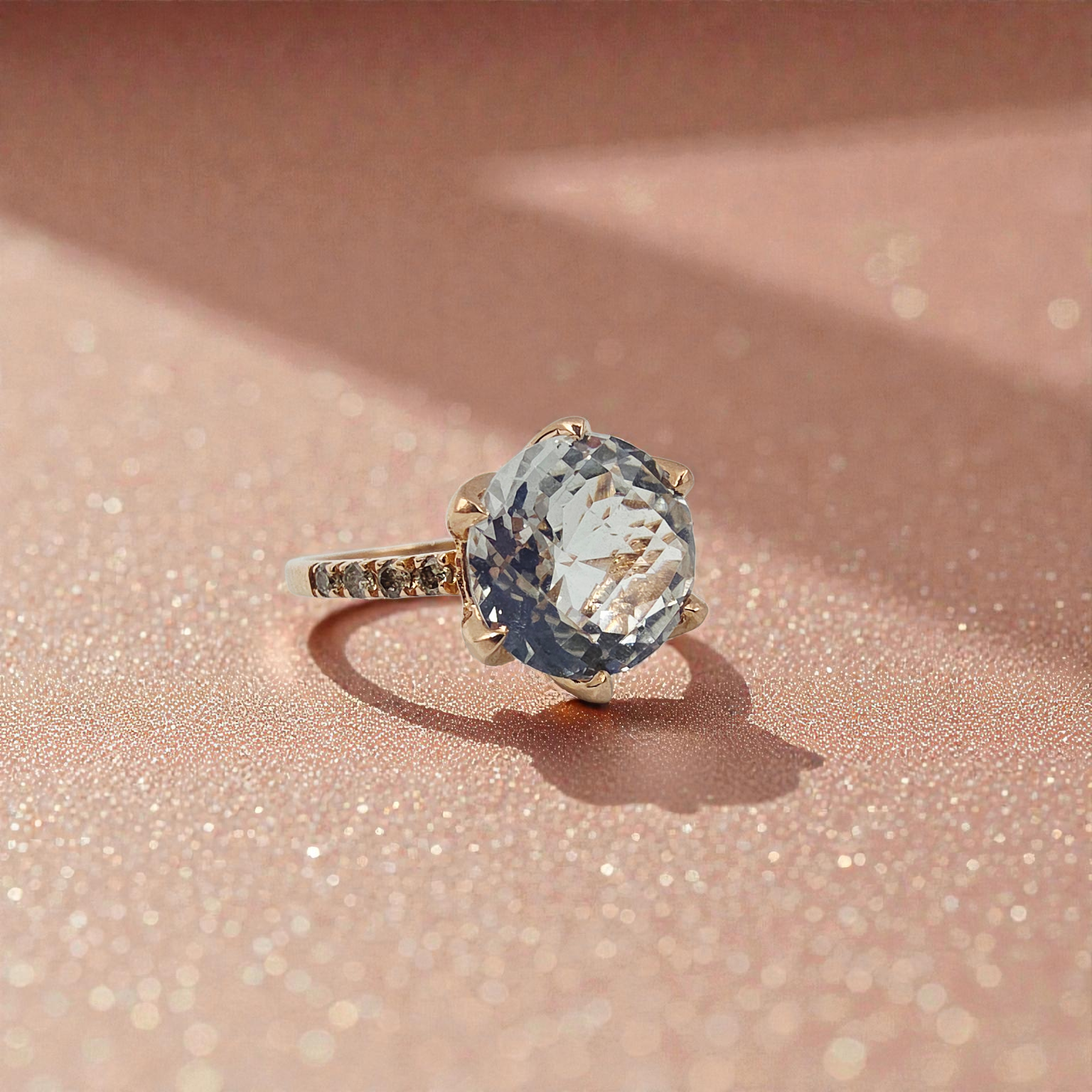 Solid 14K Rose Gold Ring with Lab-Created White Topaz & Diamond Accents - Size 8