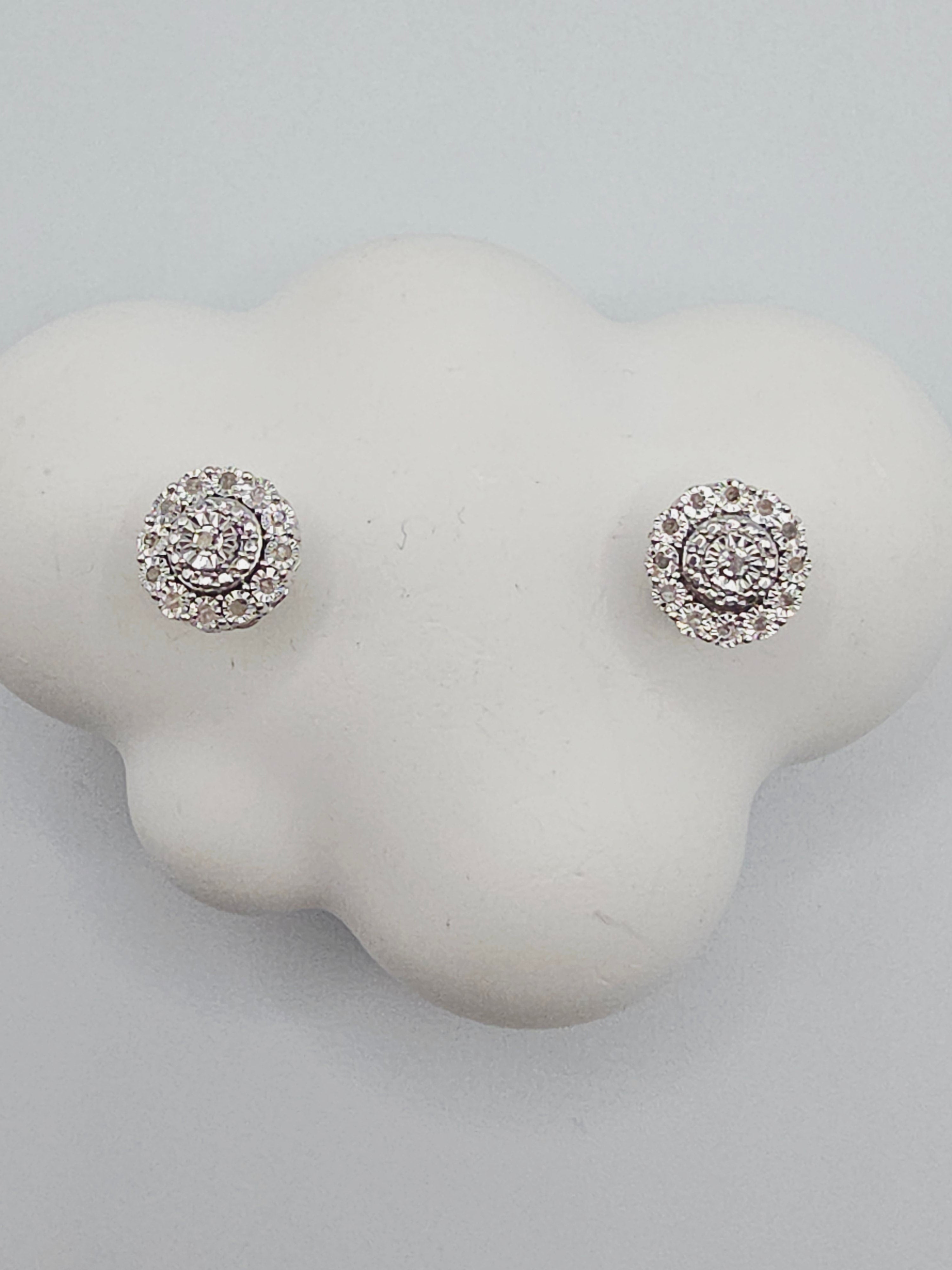 Solid 925 Sterling Silver Bridge Diamond Cluster Stud Earrings - 1/10 CTW