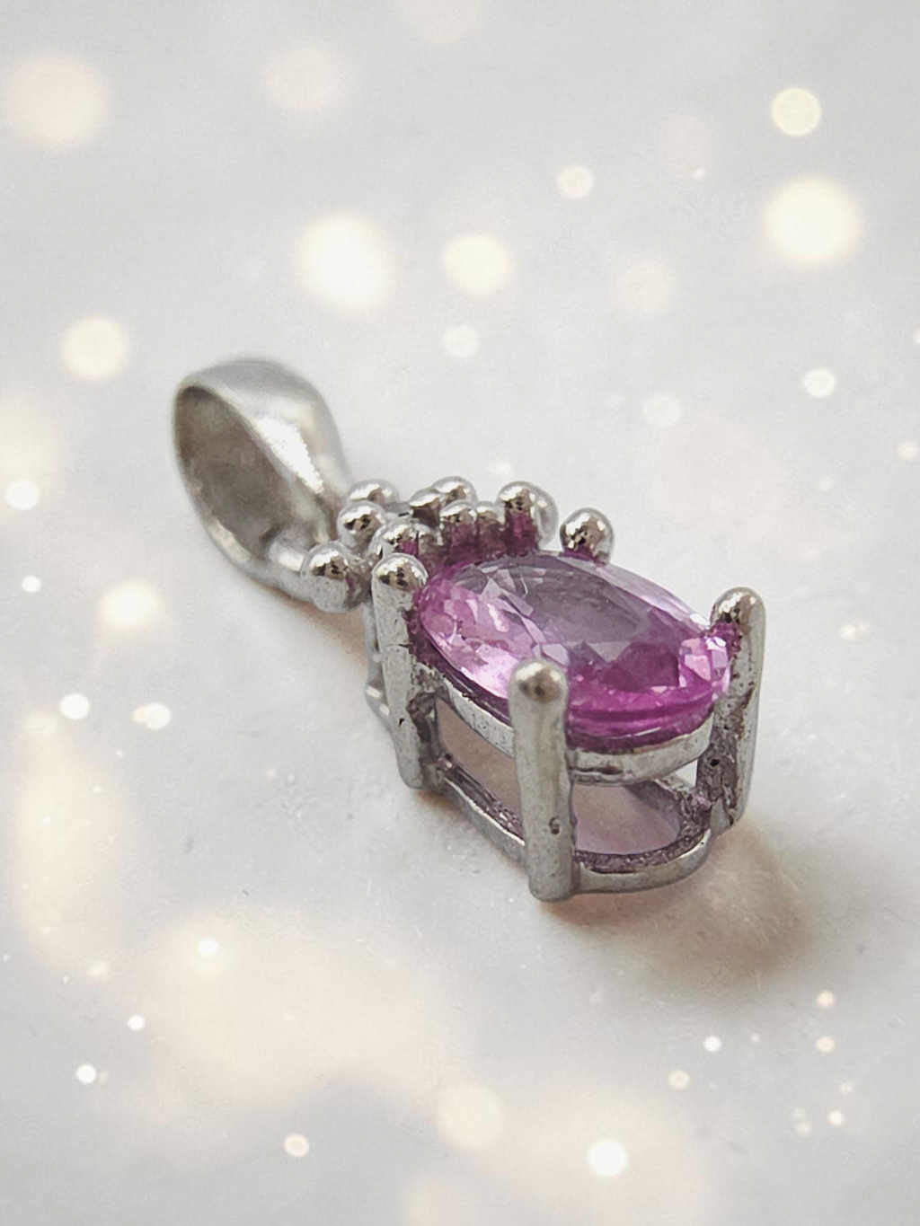 STS Jewels Solid 10K White Gold Pink Sapphire Petite Pendant with Diamond Accent