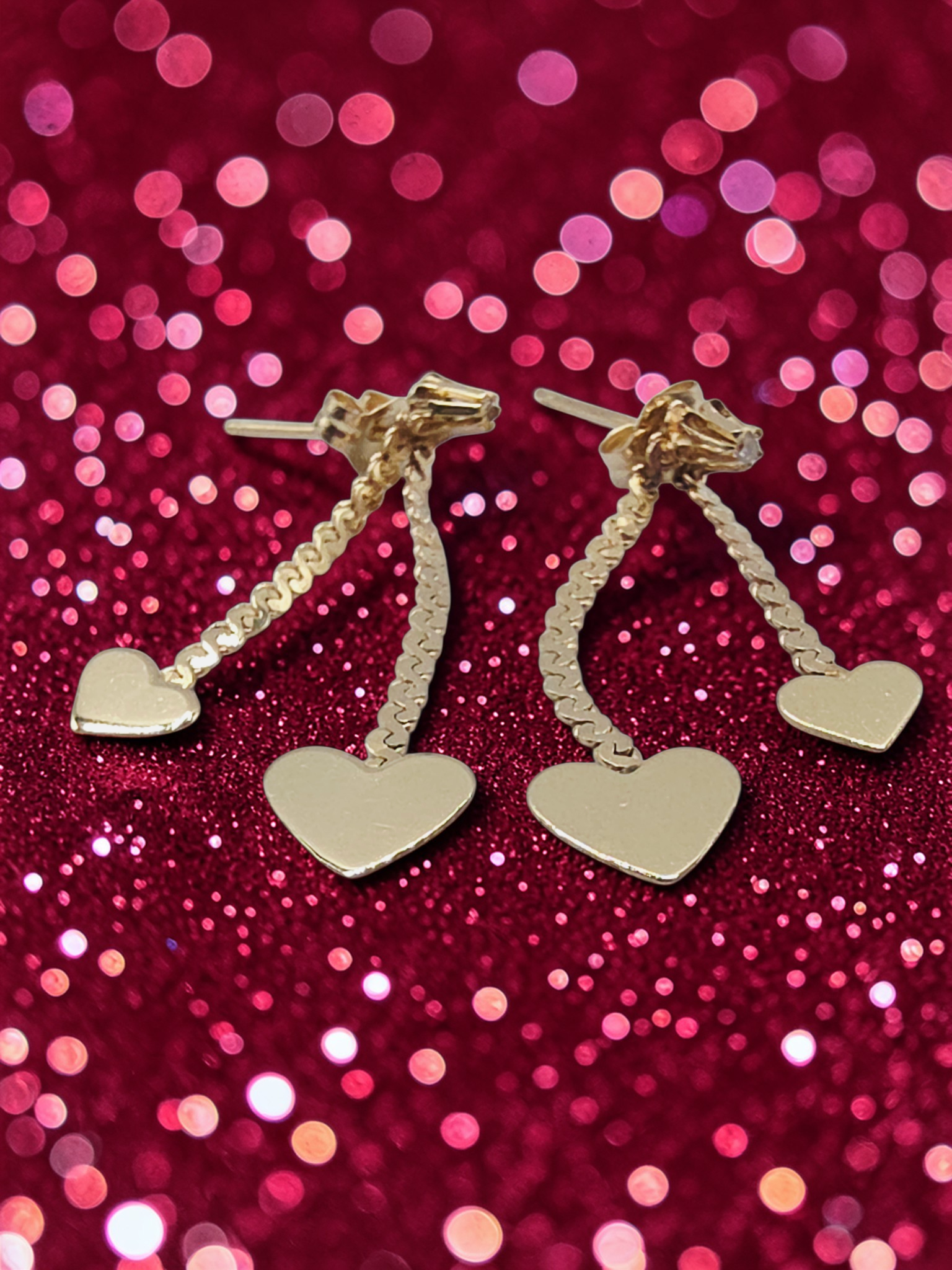 Vintage NABCO Solid 14K Gold Dangle Heart Earrings with White Topaz Accents