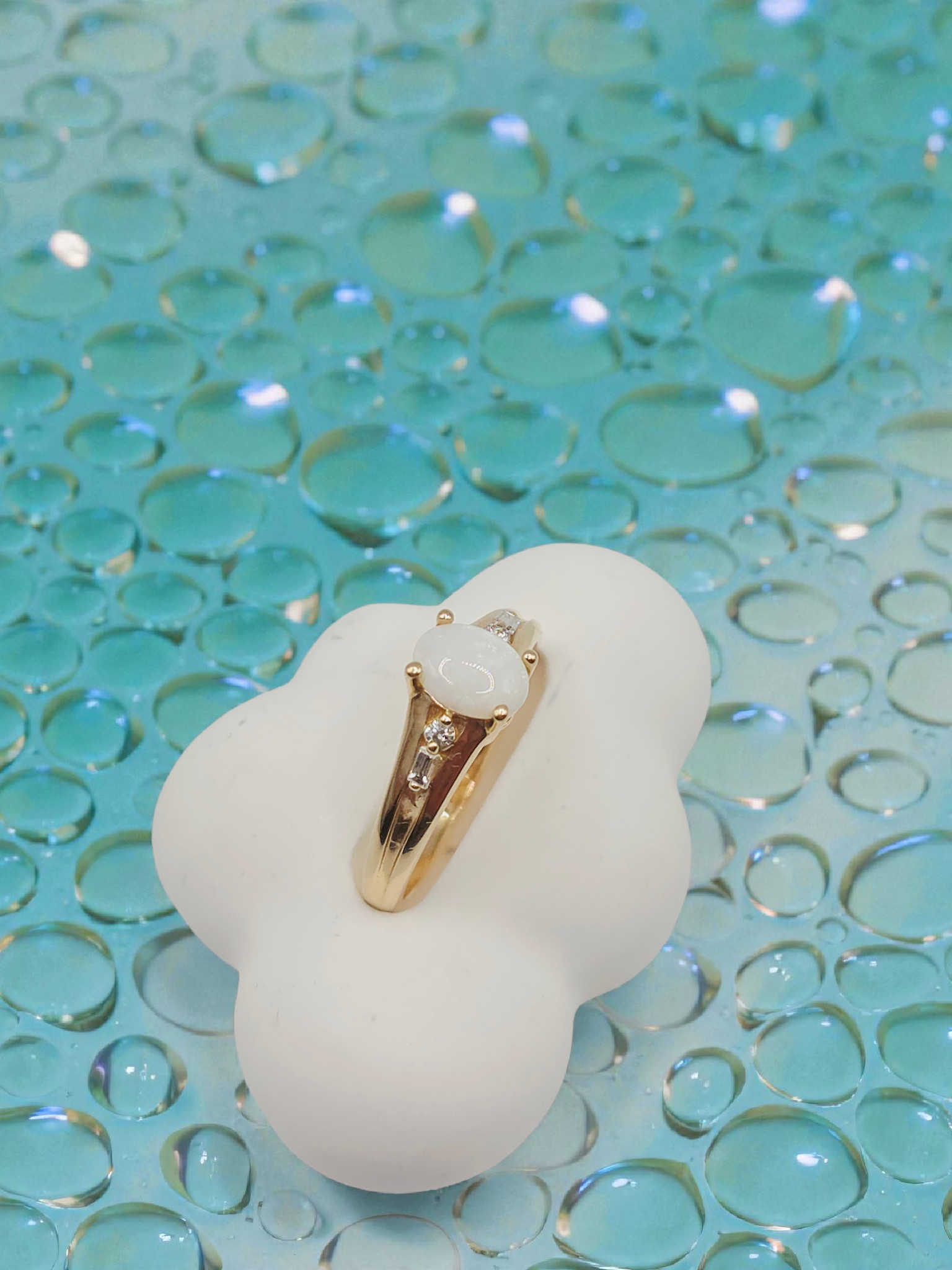 Solid 14K Yellow Gold Ring with Oval-Cut Opal and Diamond Accents - Size 7.25