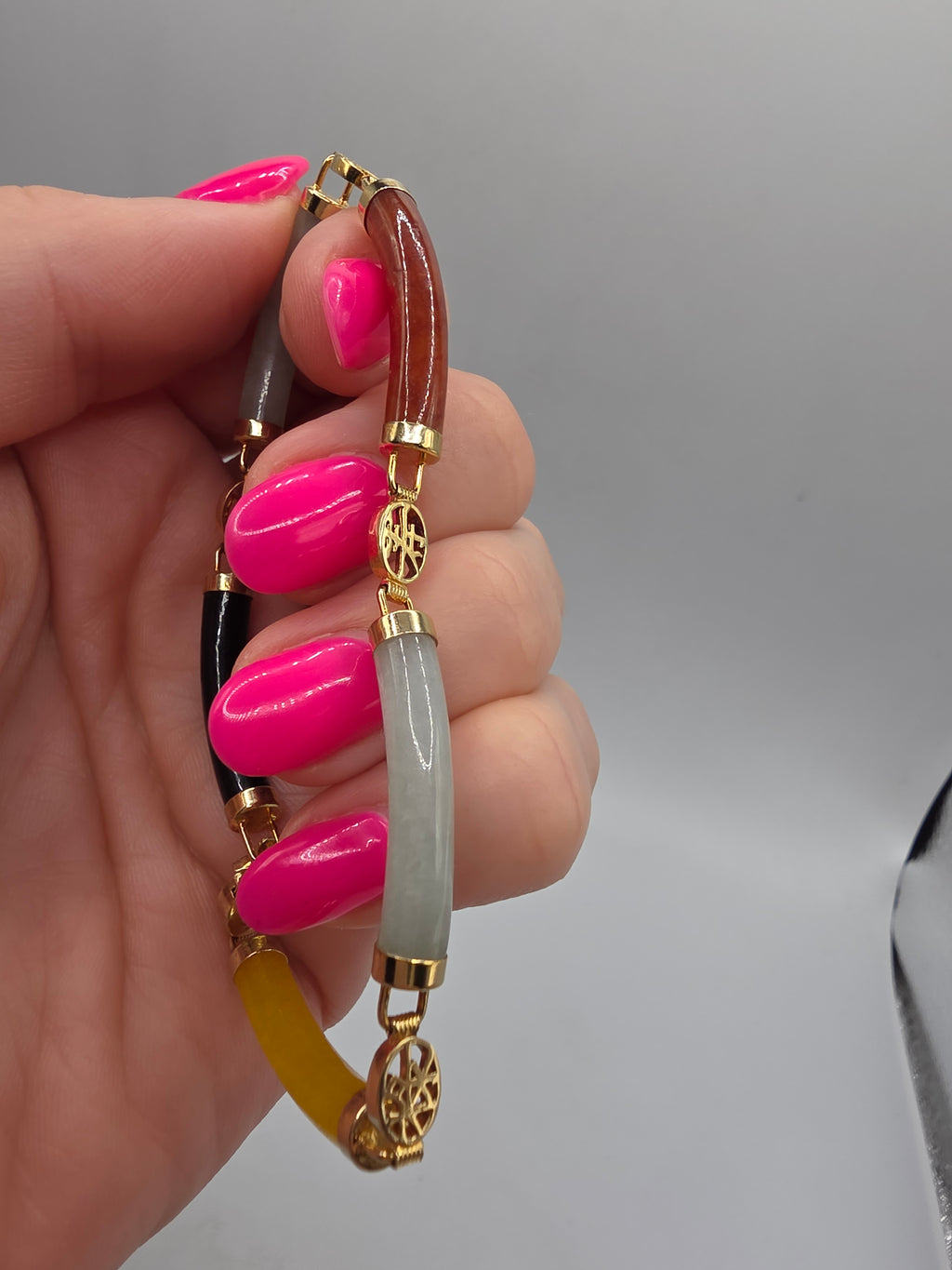 Rainbow Multi Color Jade Sterling Silver 18K Gold Vermeil Bracelet 8 Inch