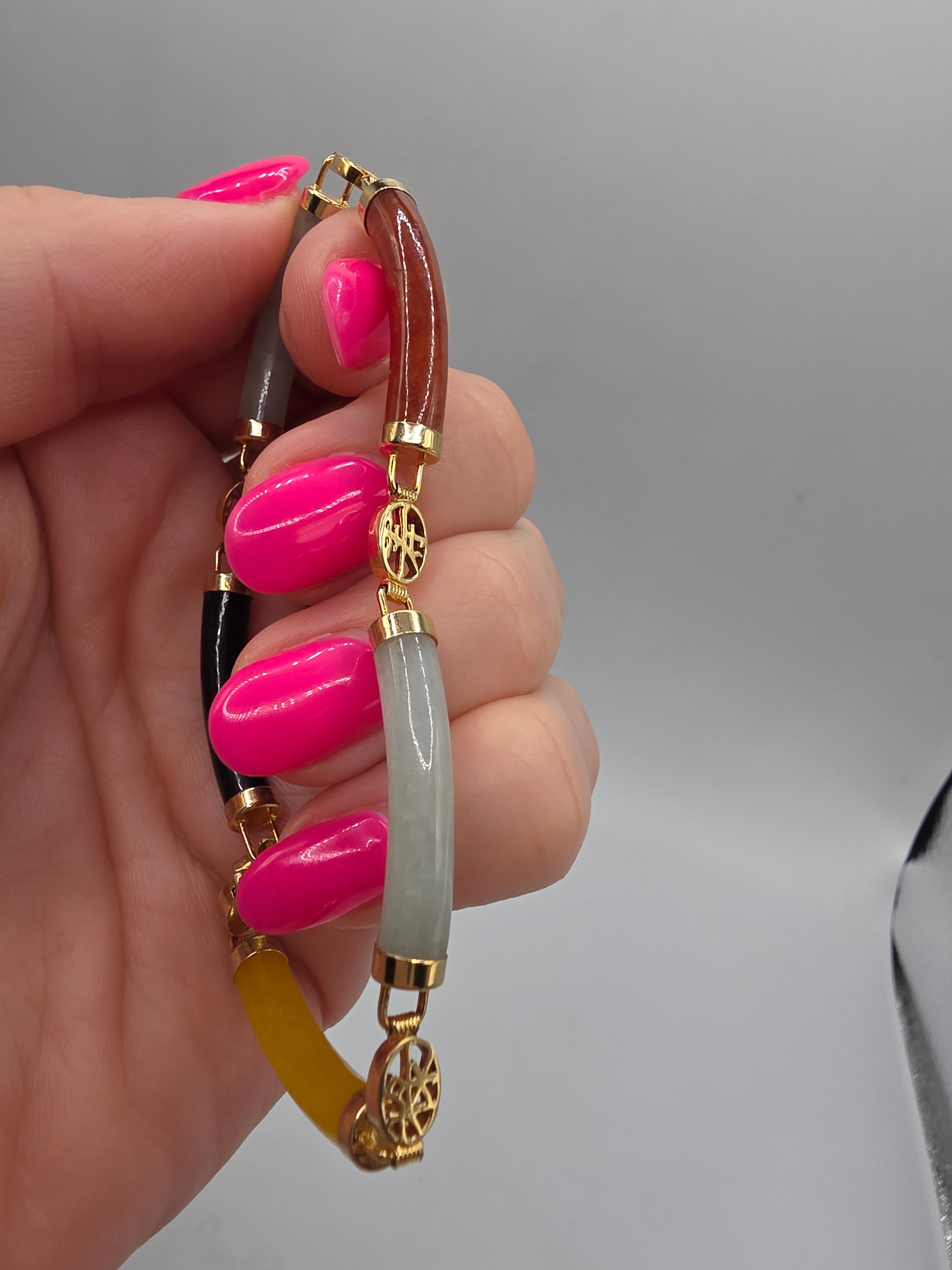 Rainbow Multi Color Jade Sterling Silver 18K Gold Vermeil Bracelet 8 Inch