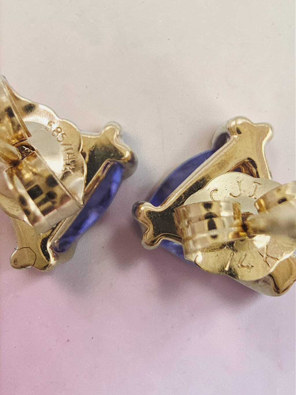 Solid 14K Yellow Gold Trillion Cut Iolite Stud Earrings - Eagle Prongs