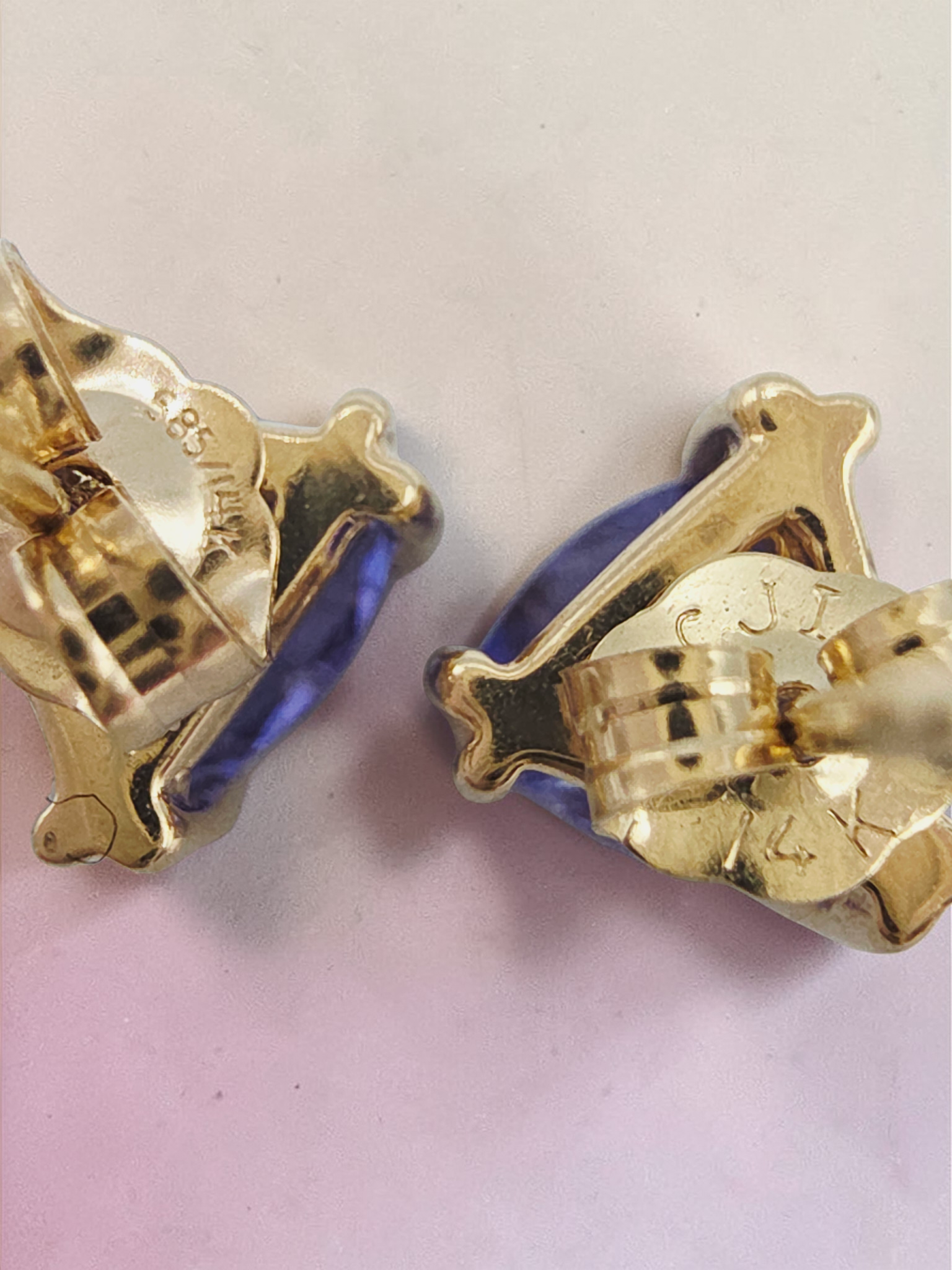 Solid 14K Yellow Gold Trillion Cut Iolite Stud Earrings - Eagle Prongs