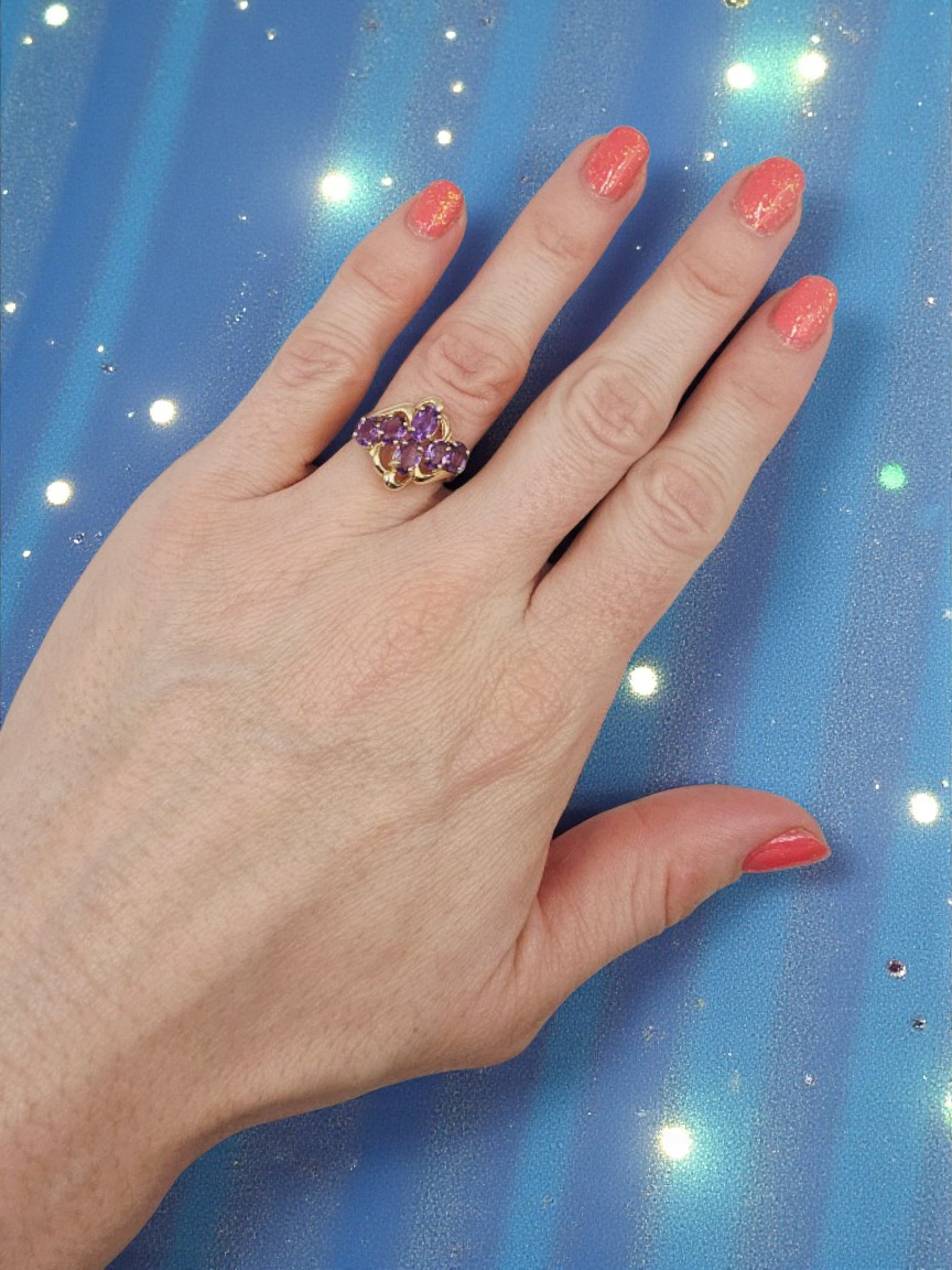 Solid 10K Yellow Gold Ring with Amethyst Cluster- Size 6