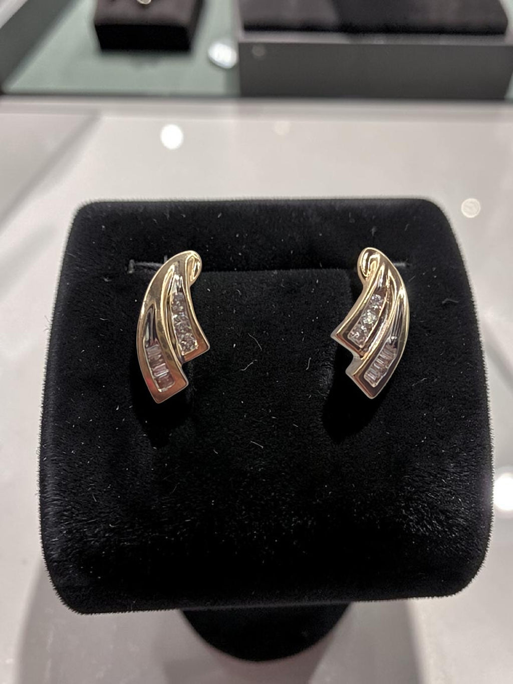 Solid 10K Yellow Gold Round & Baguette Diamond Swirl Stud Earrings