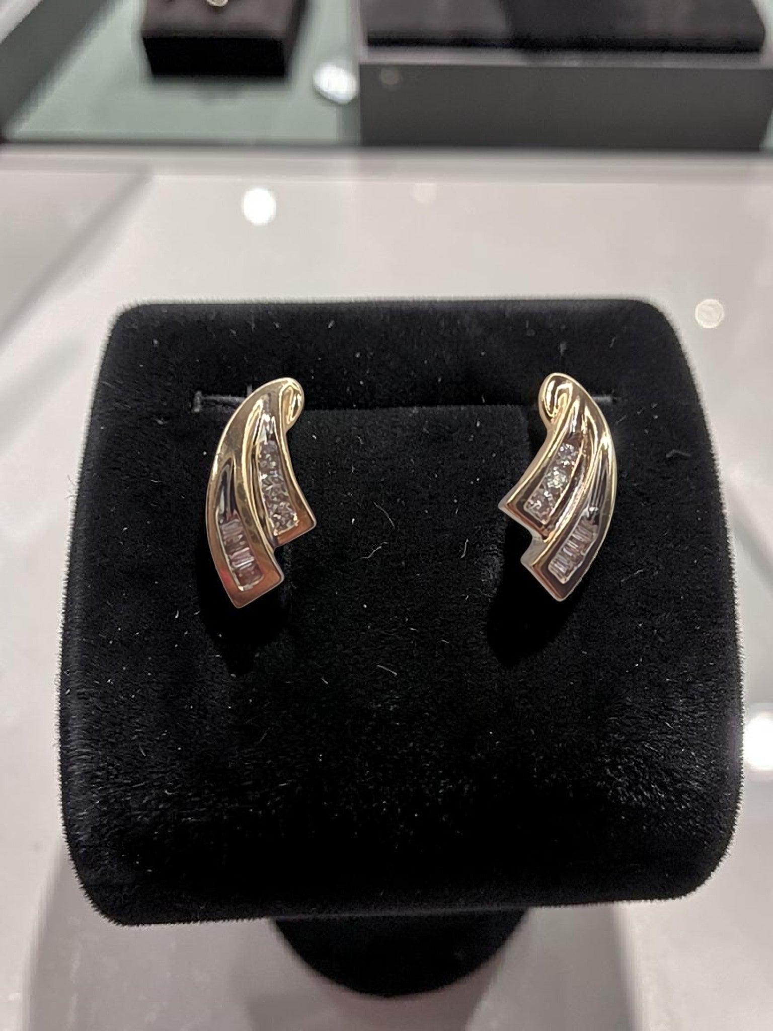 Solid 10K Yellow Gold Round & Baguette Diamond Swirl Stud Earrings