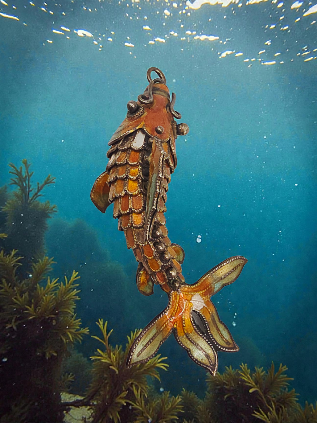 925 Sterling Silver Orange Enamel Koi Fish Articulating Necklace Pendant