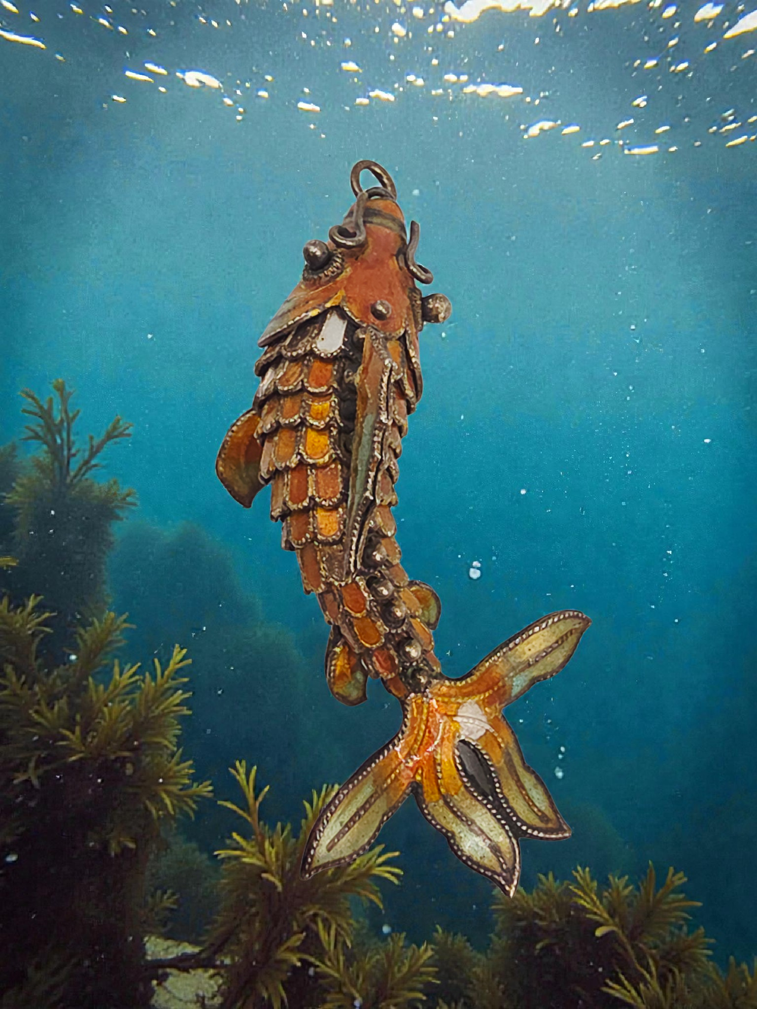 925 Sterling Silver Orange Enamel Koi Fish Articulating Necklace Pendant