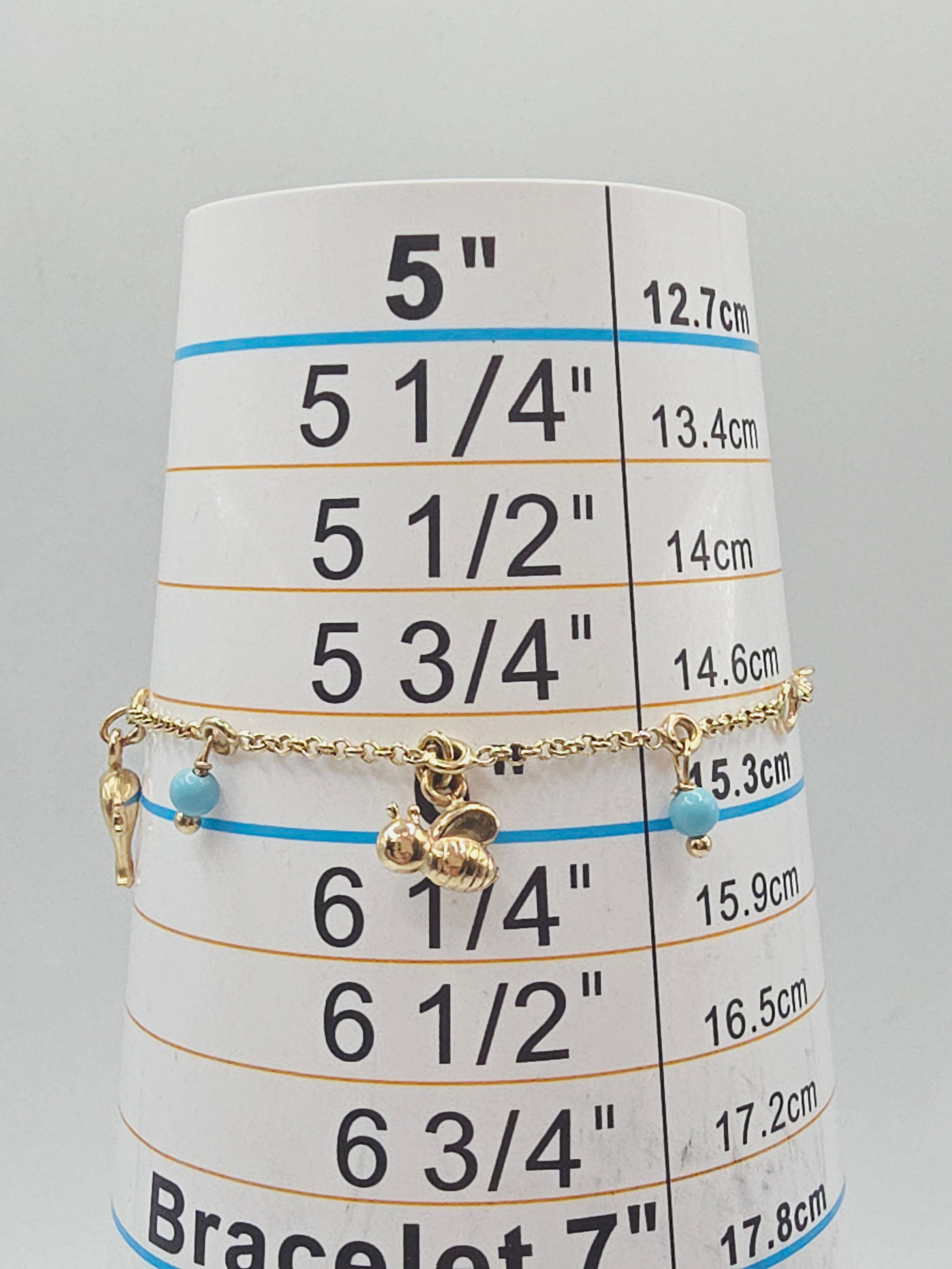 Solid 14K Yellow Gold Butterfly Bee Fish Charm Bracelet 5 to 5.75 Inch