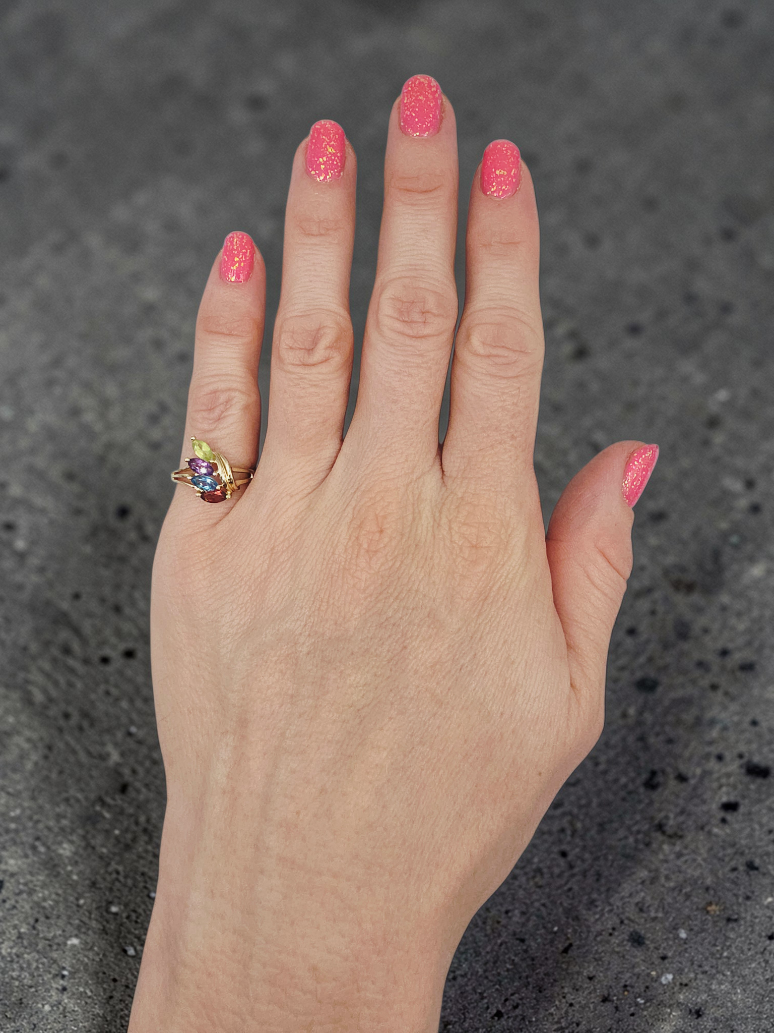 Solid 10K Yellow Gold Ring with Topaz Amethyst Peridot Garnet - Size 5