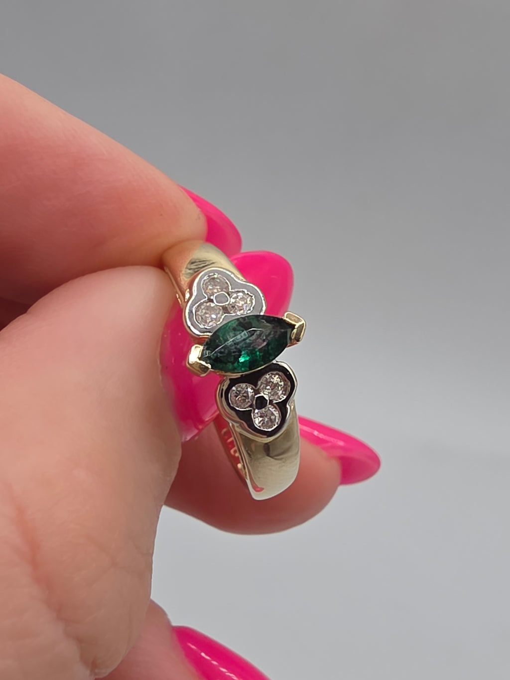 Vintage Black Hills Gold CCO Solid 14K Marquise Emerald Diamond Ring Size 6.75