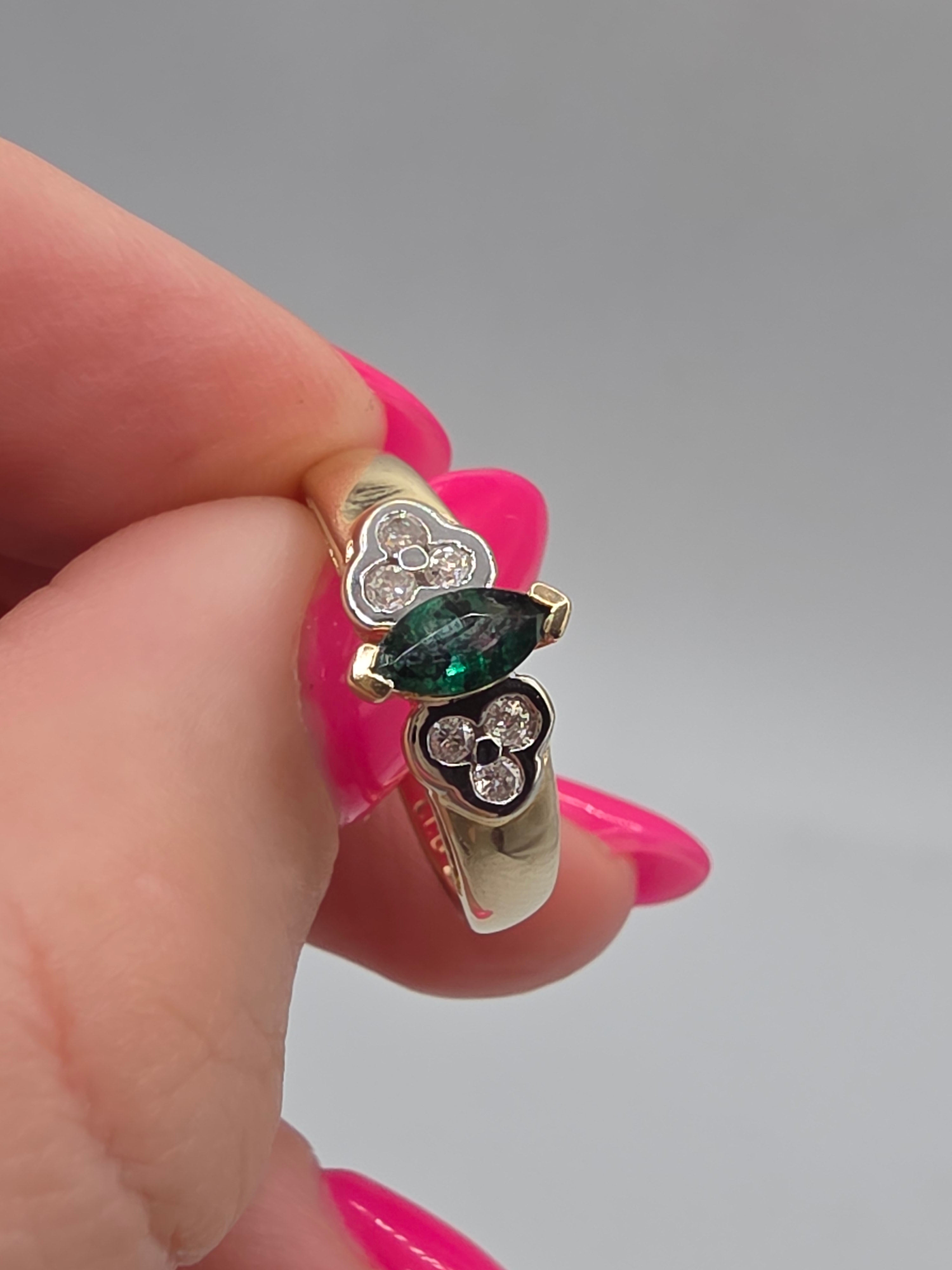 Vintage Black Hills Gold CCO Solid 14K Marquise Emerald Diamond Ring Size 6.75