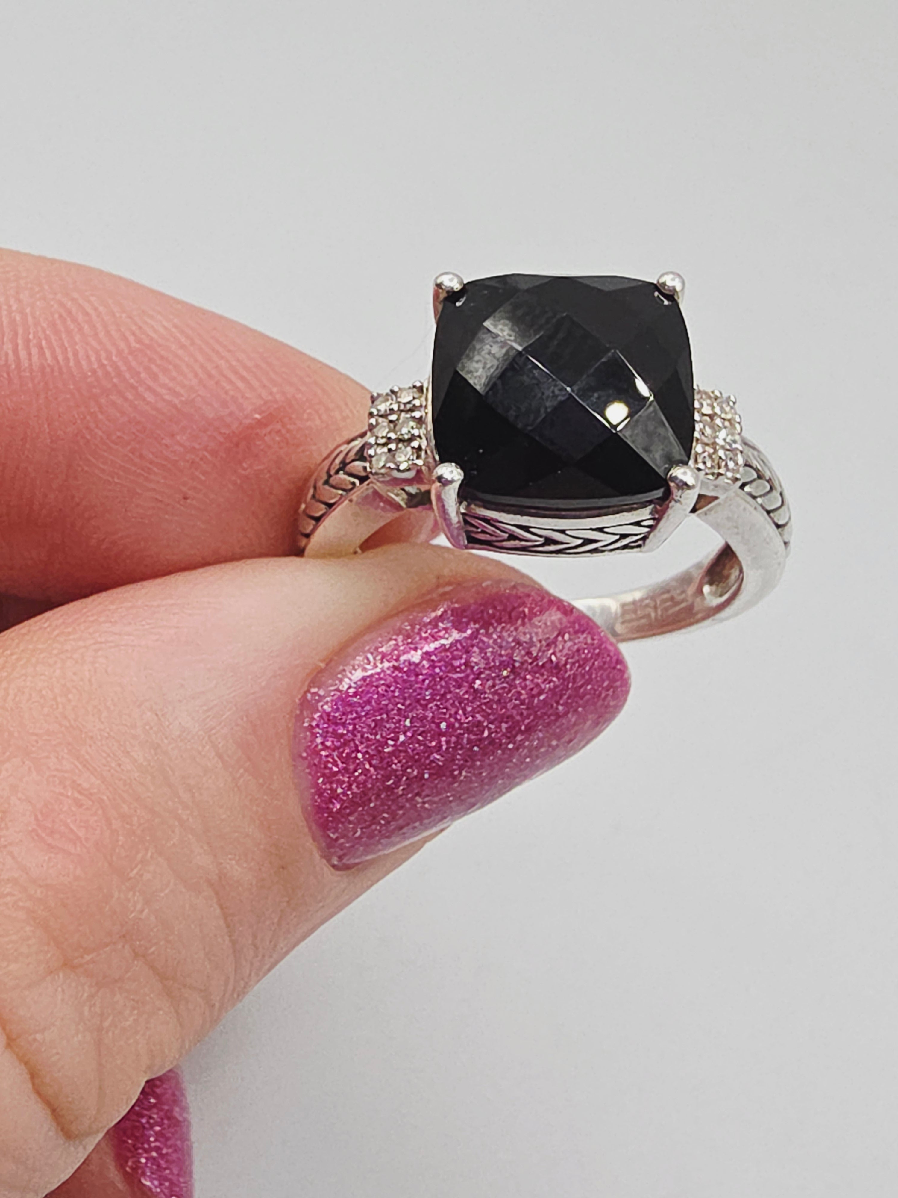 EFFY 925 Sterling Silver Ring with Black Onyx & Diamonds – Size 7