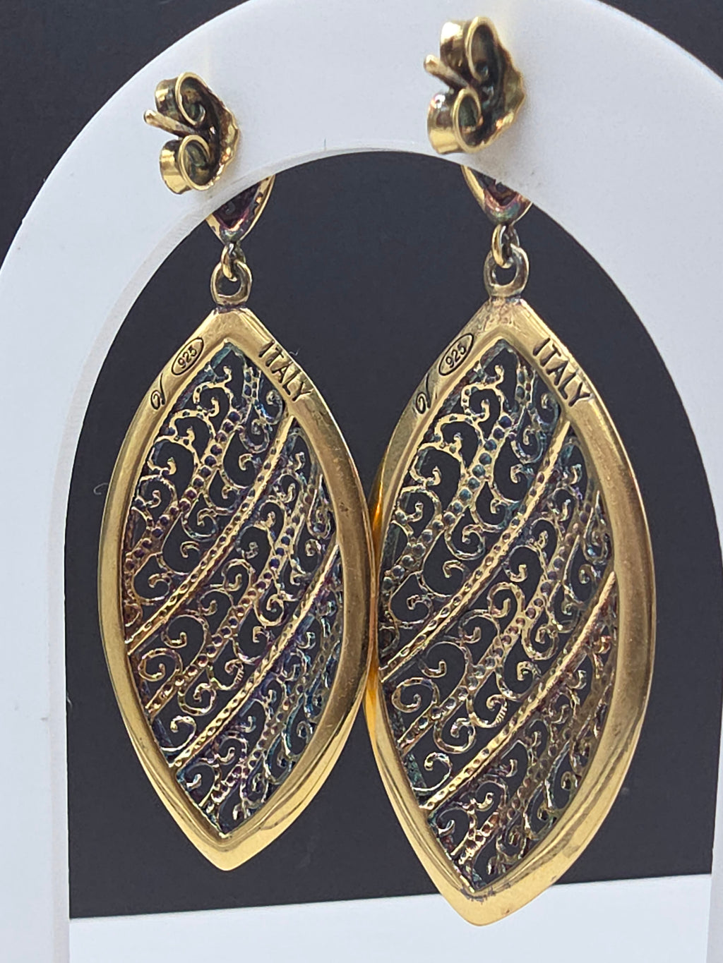 Veronese Italy 925 Sterling Silver Gold Vermeil Rainbow Patina Filigree Earrings