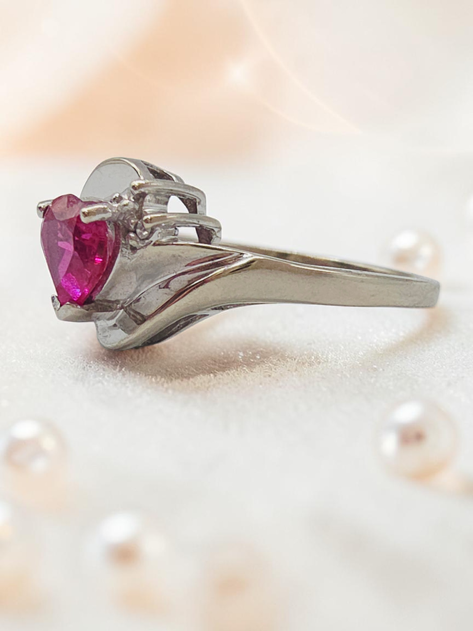 Solid 10K White Gold Heart Ruby Ring with White Topaz Accents - Size 6.75