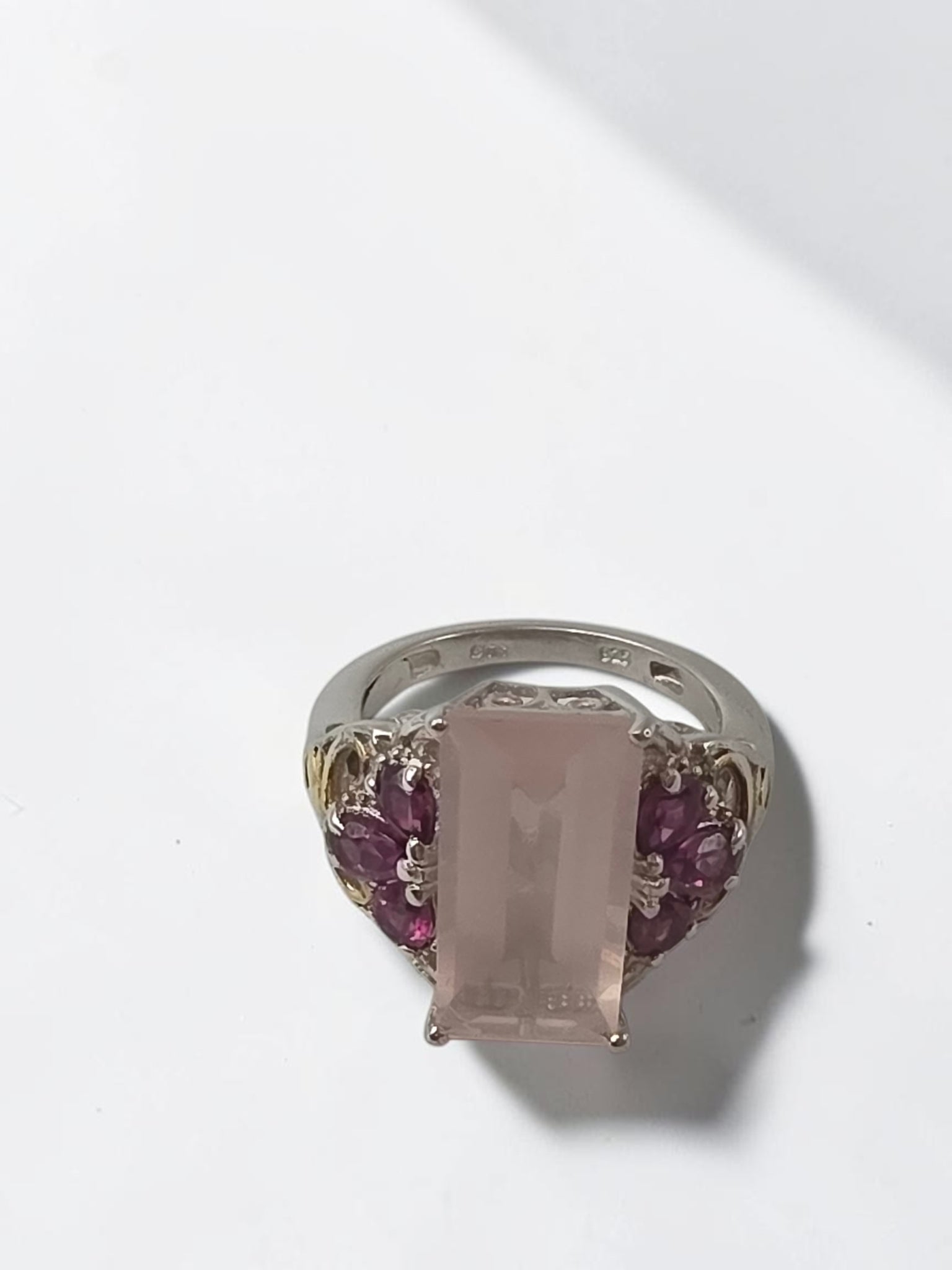 STS Jewels Sterling Silver Pink Quarts & Rhodolite Ring 18K Gold Accents Size 7