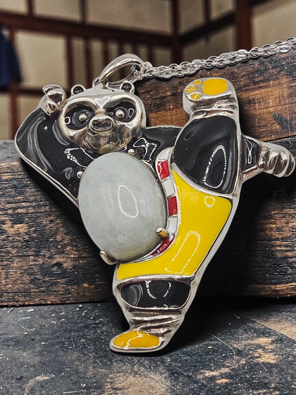 Sterling Silver Kung Fu Panda Pendant Necklace with Jade & Enamel - 18 Inch
