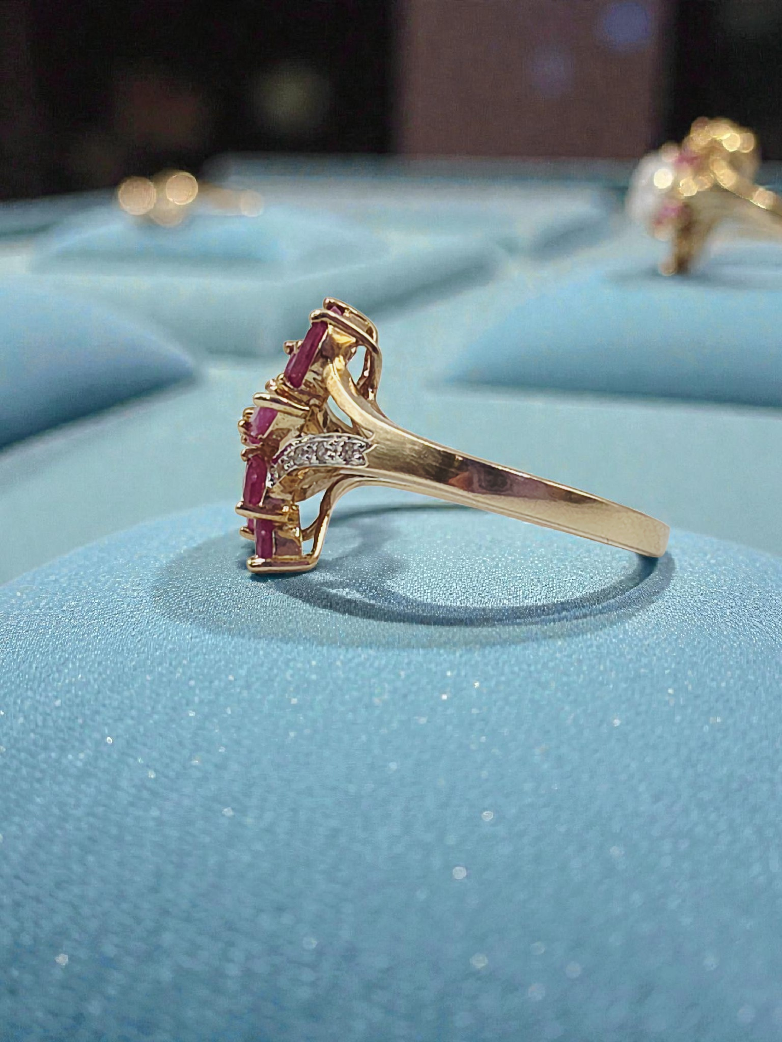 Solid 10K Gold Ring with Marquise-Cut Ruby Cluster & Diamond Accents - Size 6.75