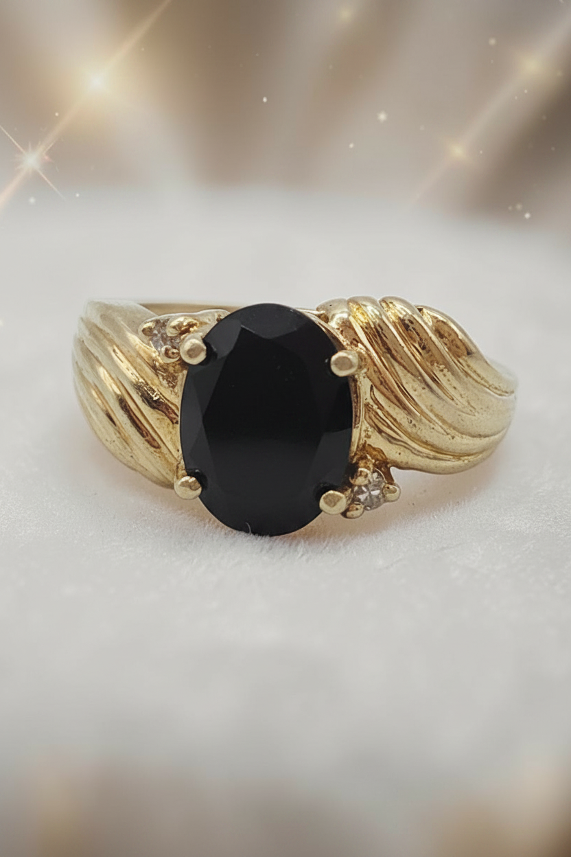 Solid 10K Yellow Gold Ring with Oval-Cut Black Onyx & Diamond Accents – Size 6.5