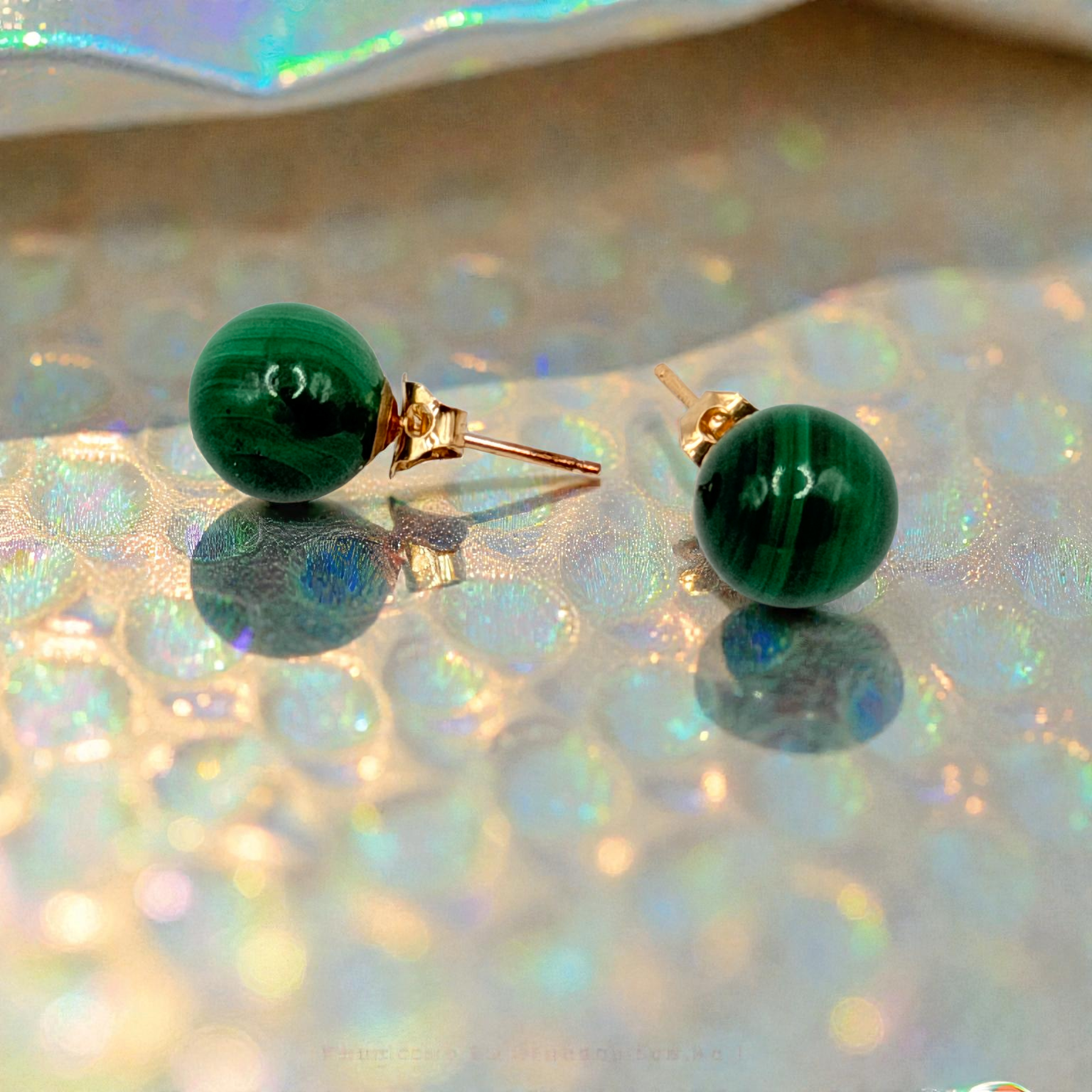 Solid 14K Yellow Gold Stud Earrings with Round Cut Jade