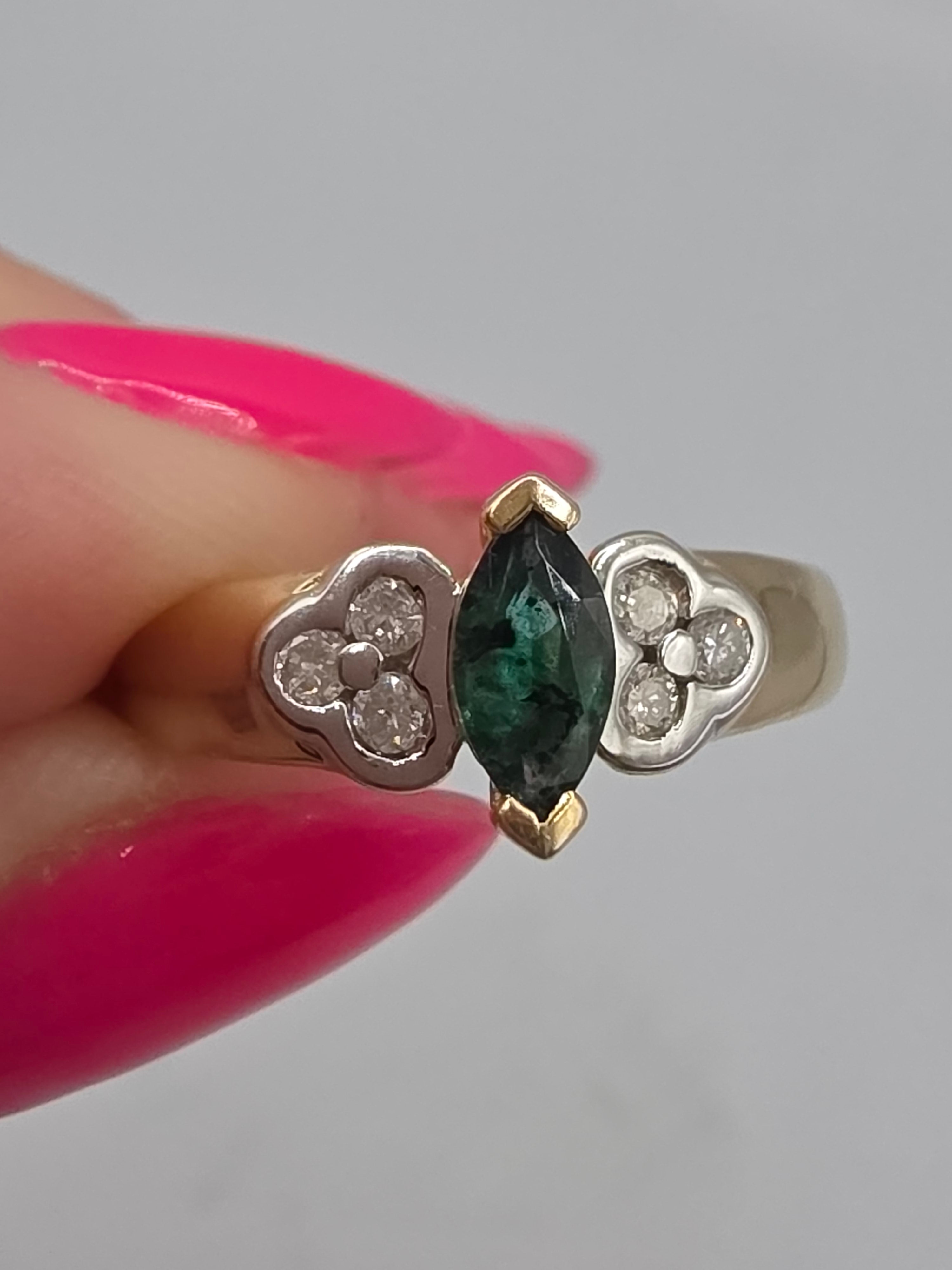 Vintage Black Hills Gold CCO Solid 14K Marquise Emerald Diamond Ring Size 6.75
