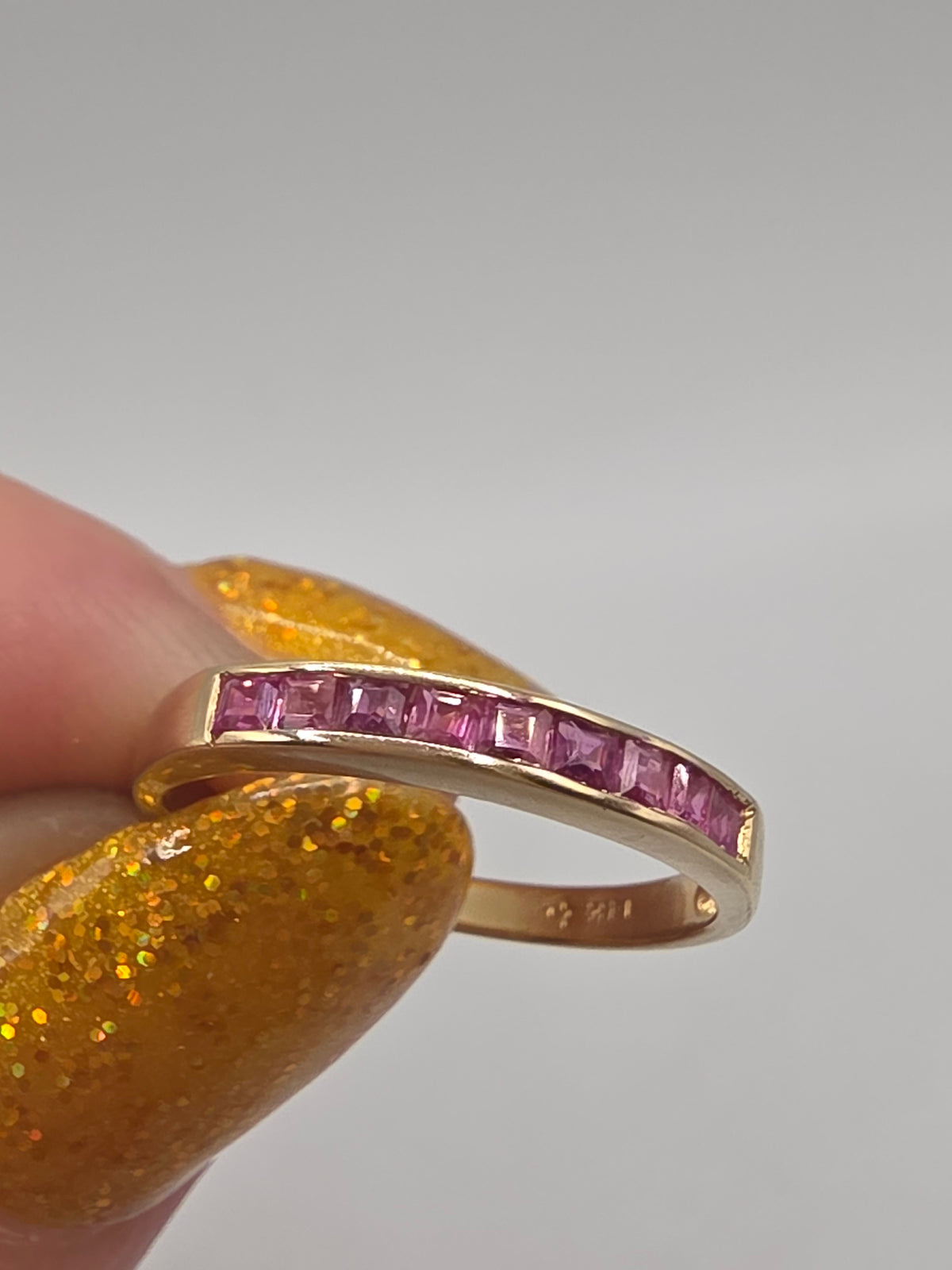 Solid 14K Yellow Gold Square Cut Pink Sapphire Channel Set Band Ring - Size 6