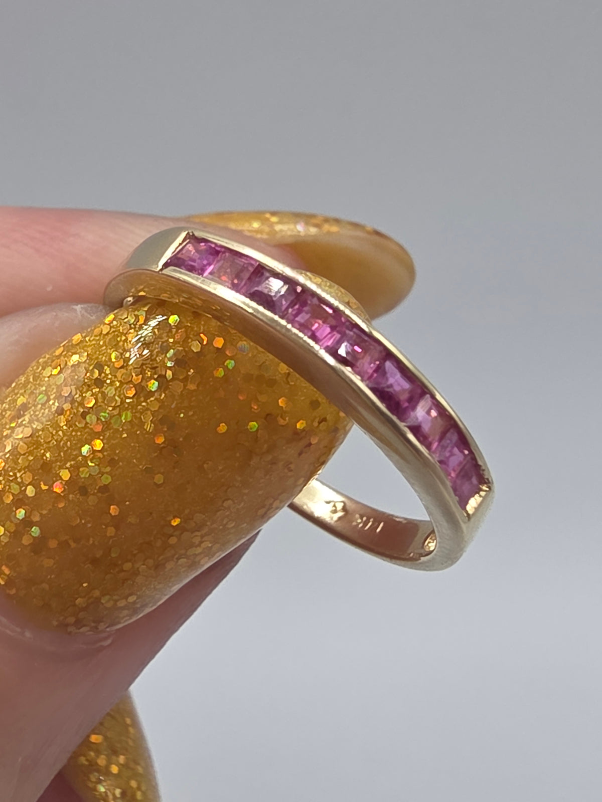 Solid 14K Yellow Gold Square Cut Pink Sapphire Channel Set Band Ring - Size 6