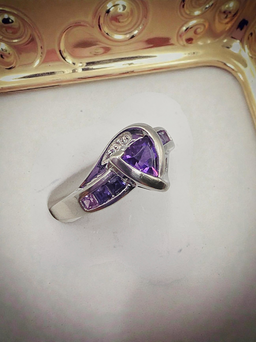 Solid 10K White Gold Ring with Purple & Pink Topaz and Diamonds – Size 6.75