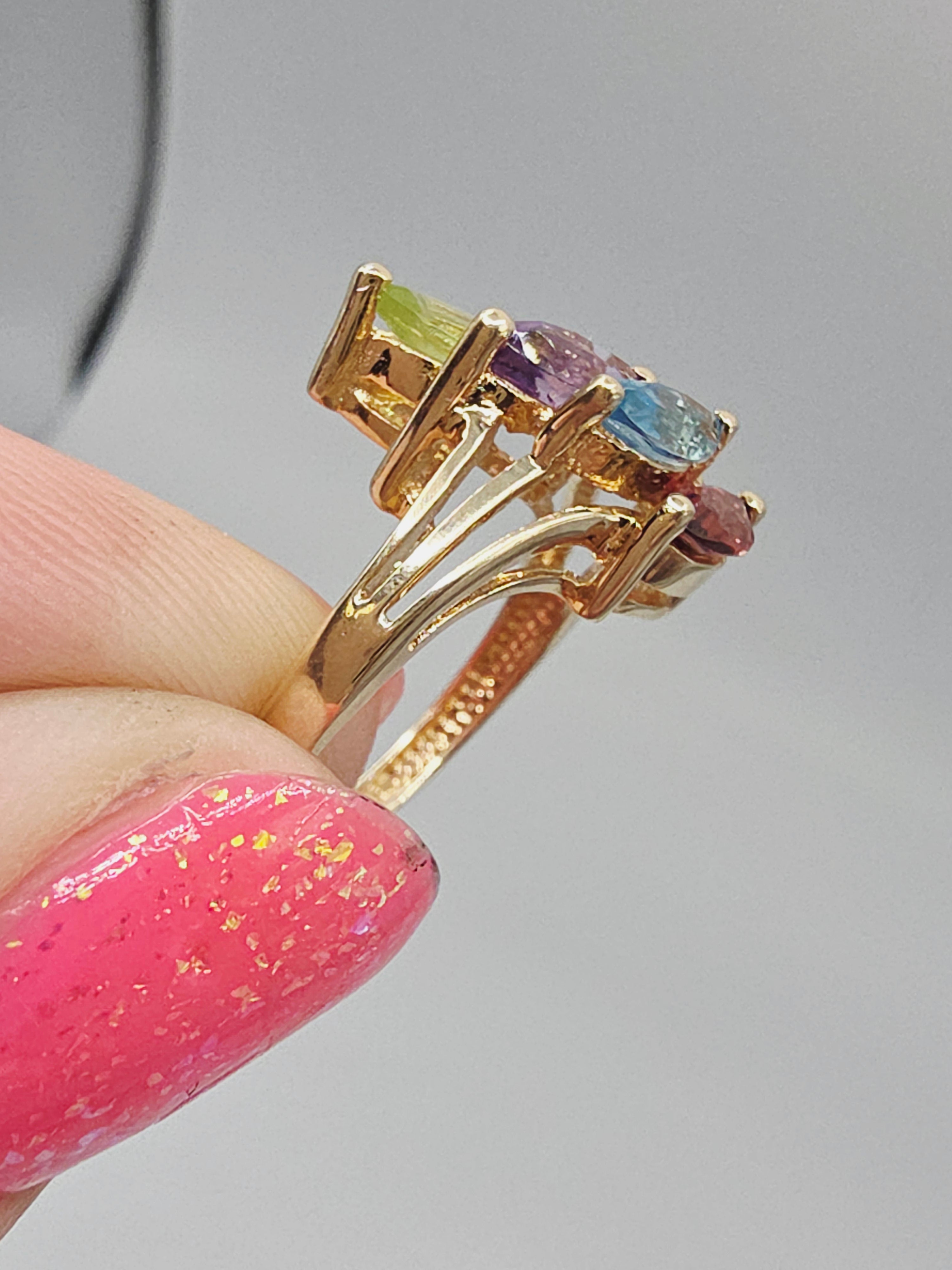 Solid 10K Yellow Gold Ring with Topaz Amethyst Peridot Garnet - Size 5