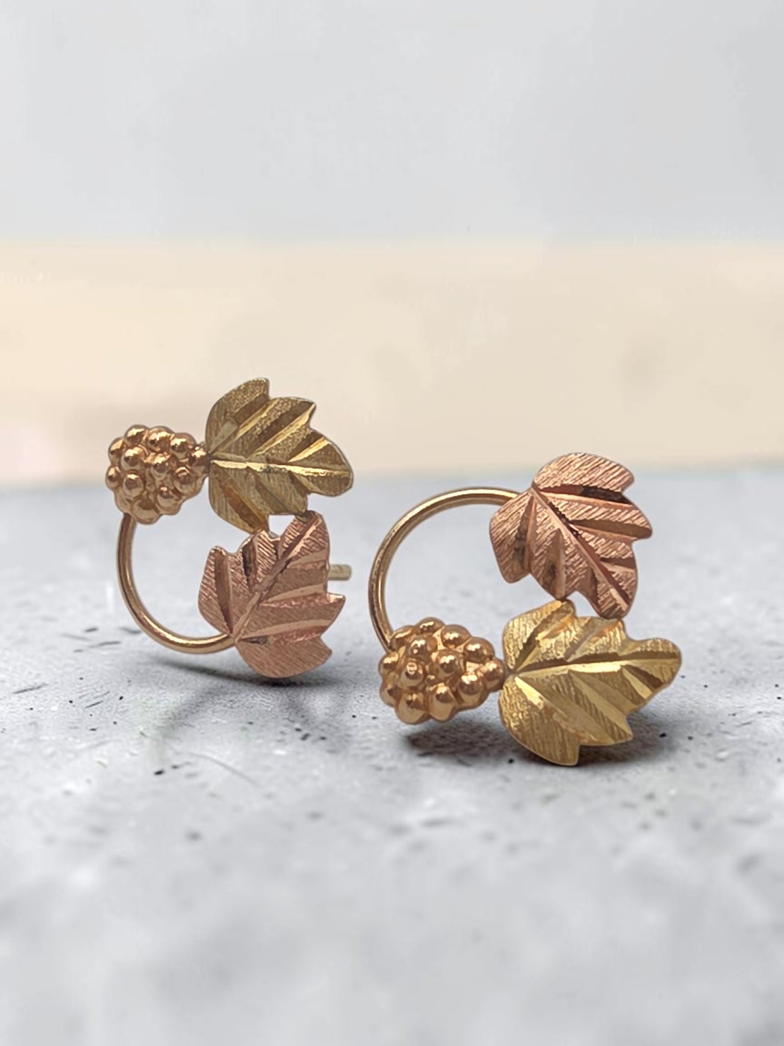 Vintage Black Hills Gold Solid 10K Tri Color Grape Leaf Stud Earrings 14K Posts