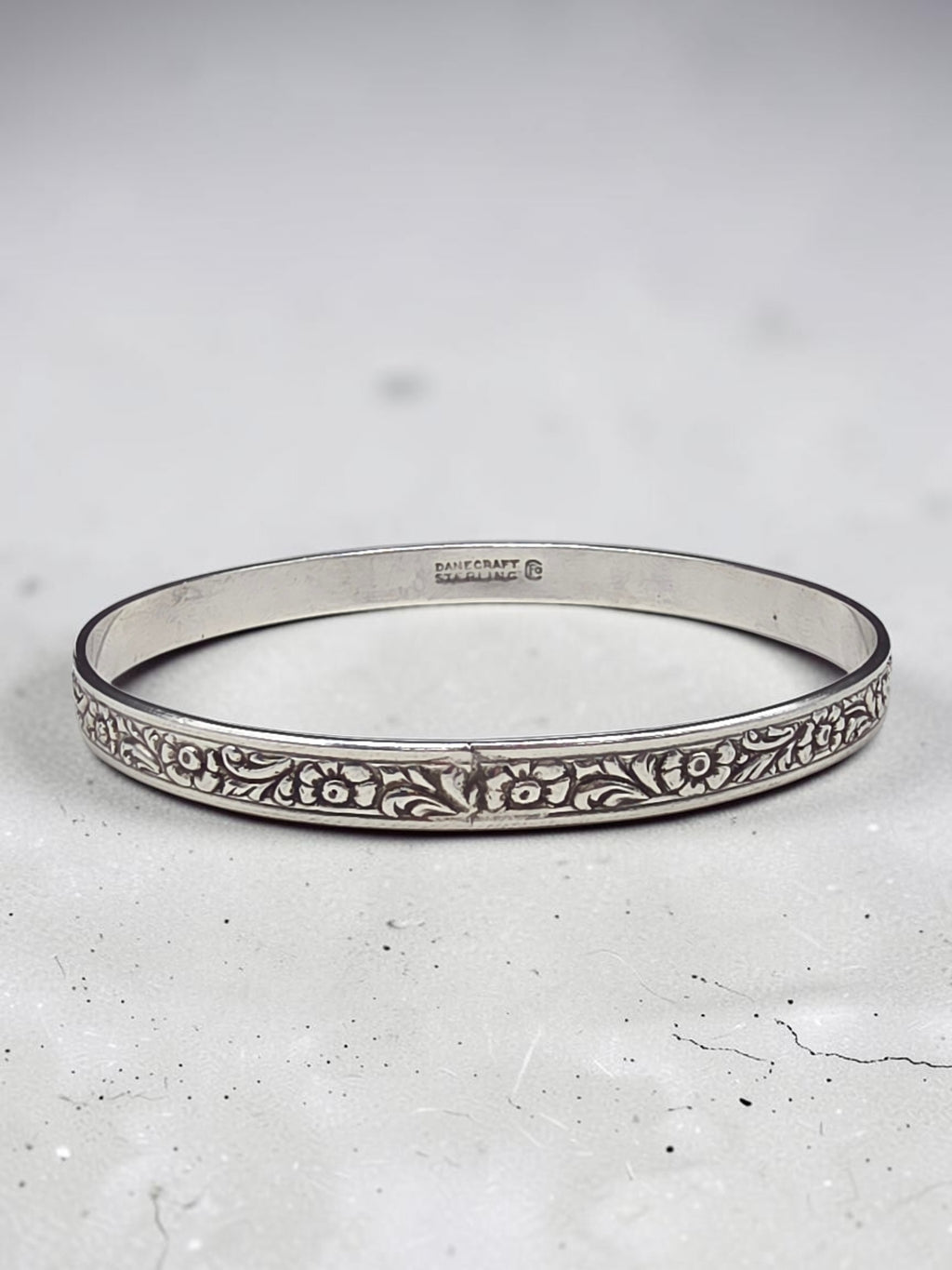 Sterling Silver Embossed Floral Repousse Bangle Bracelet 8.25 Inch